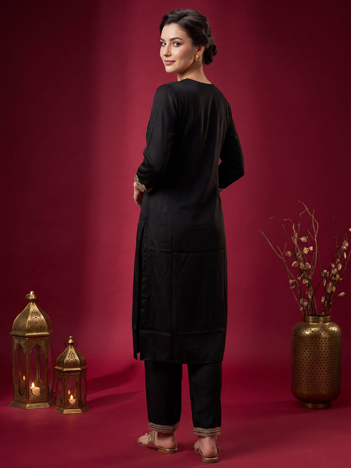 Black Embroidered Straight Kurta Trousers With Dupatta Set-KH9BK13611