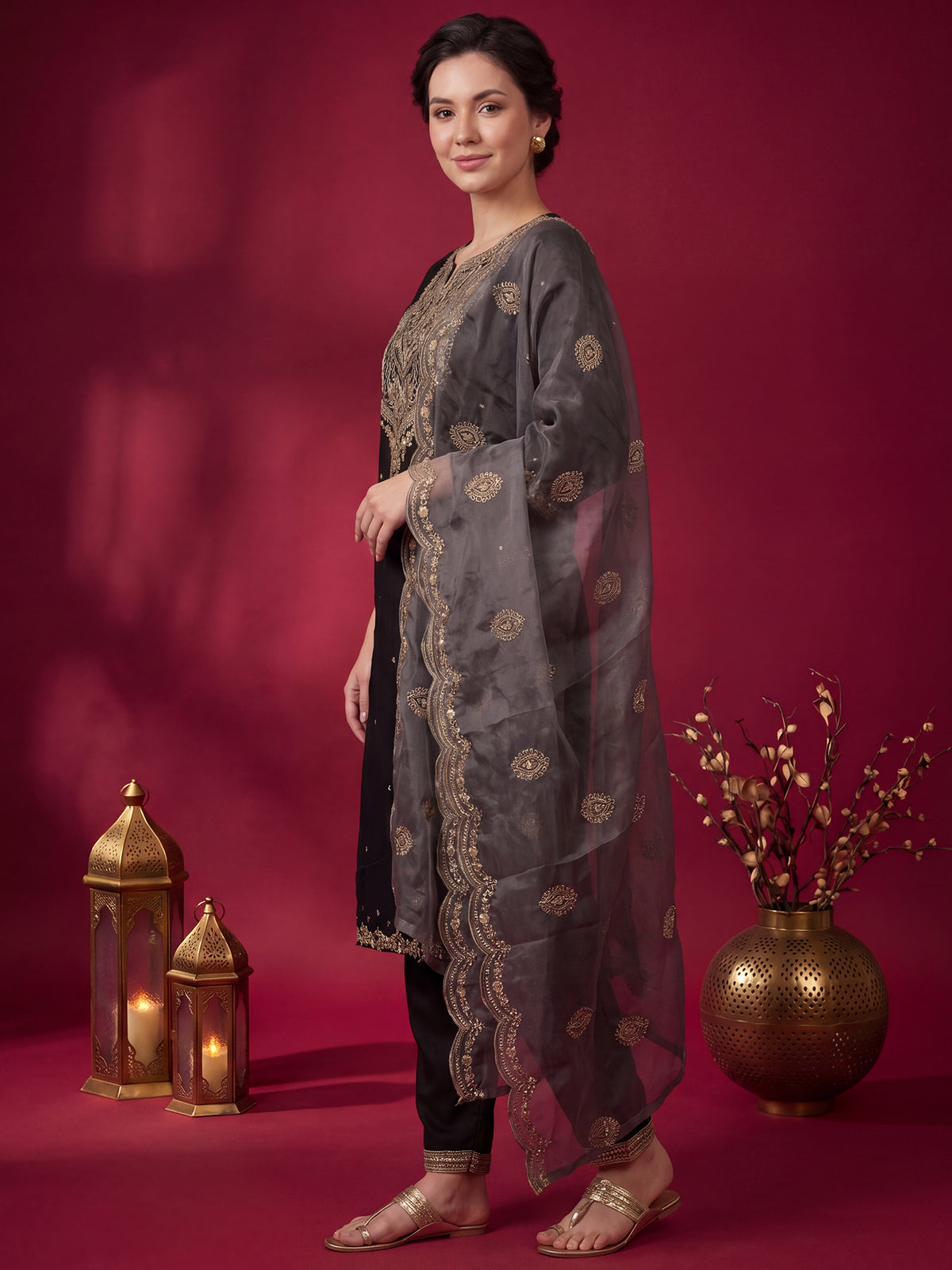 Black Embroidered Straight Kurta Trousers With Dupatta Set-KH9BK13611