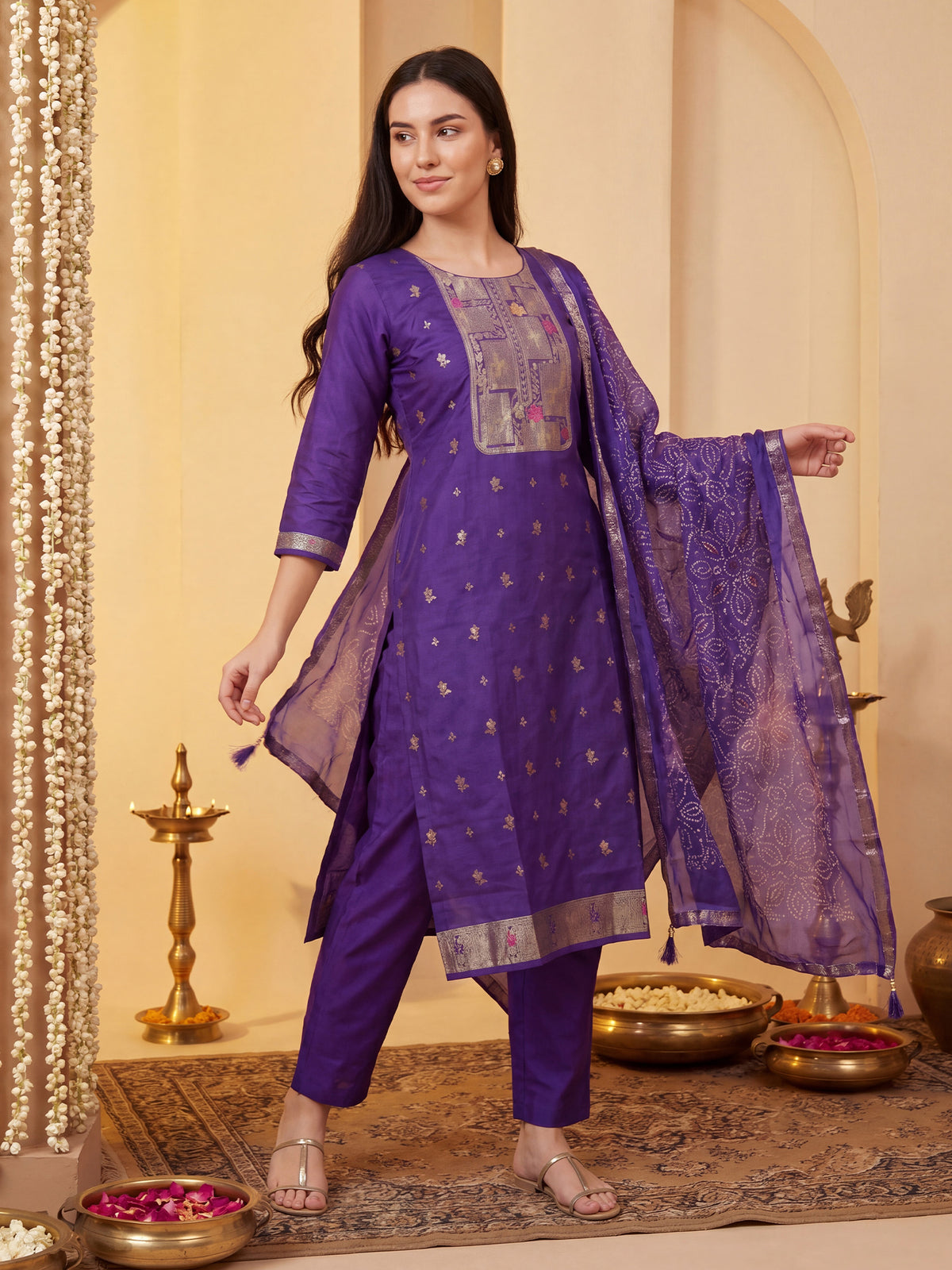 Purple Woven Design Straight Kurta Trousers With Dupatta Set-KH9PR13585
