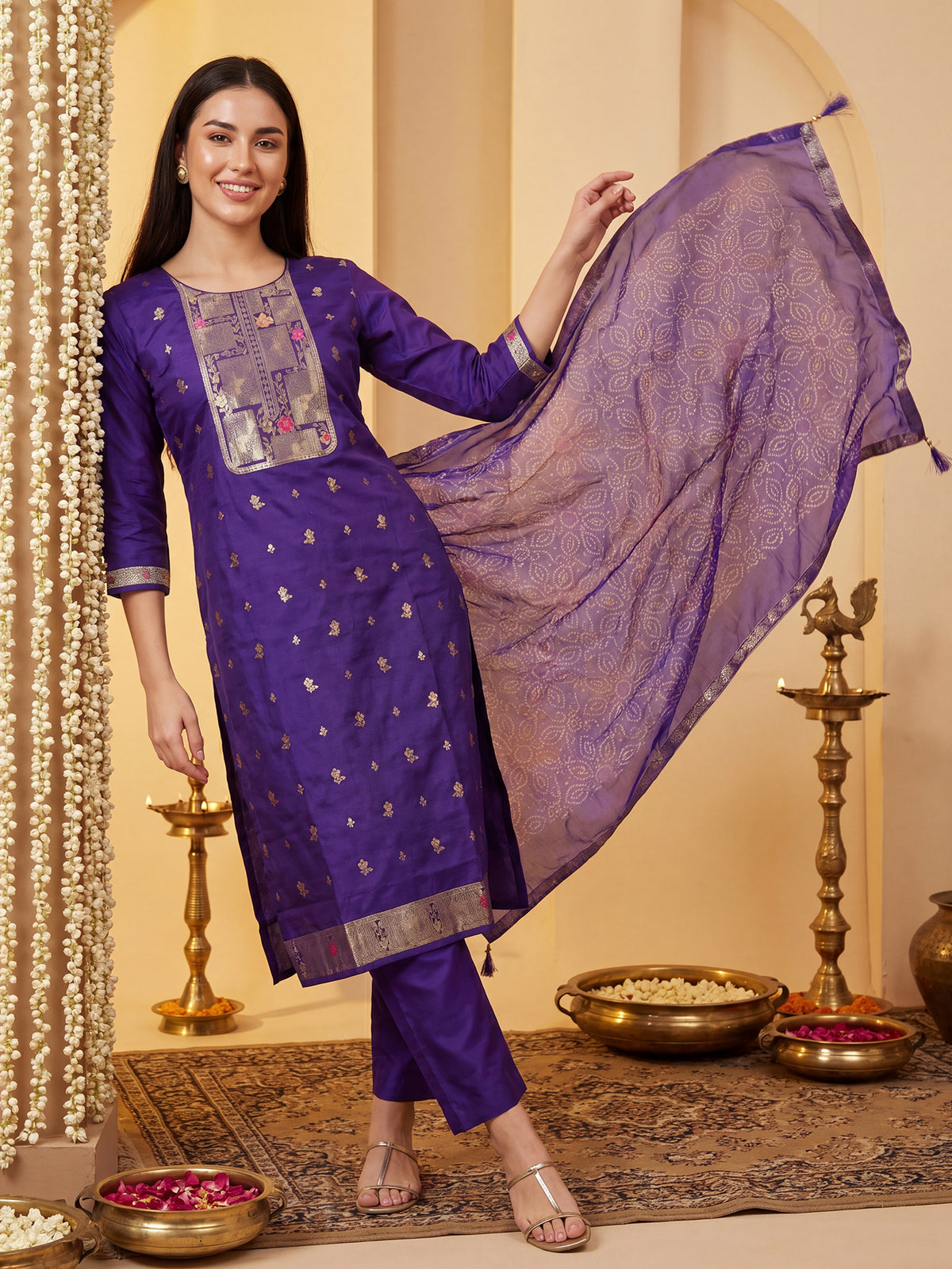 Purple Woven Design Straight Kurta Trousers With Dupatta Set-KH9PR13585