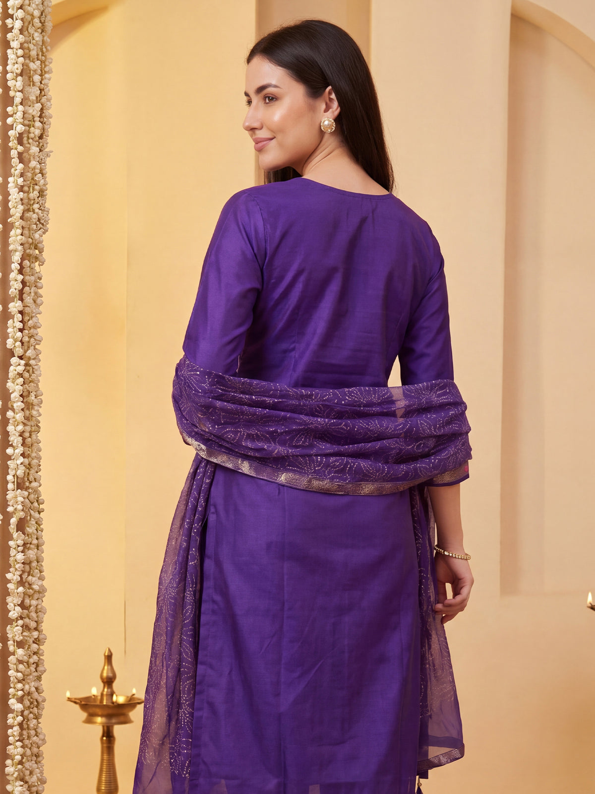 Purple Woven Design Straight Kurta Trousers With Dupatta Set-KH9PR13585