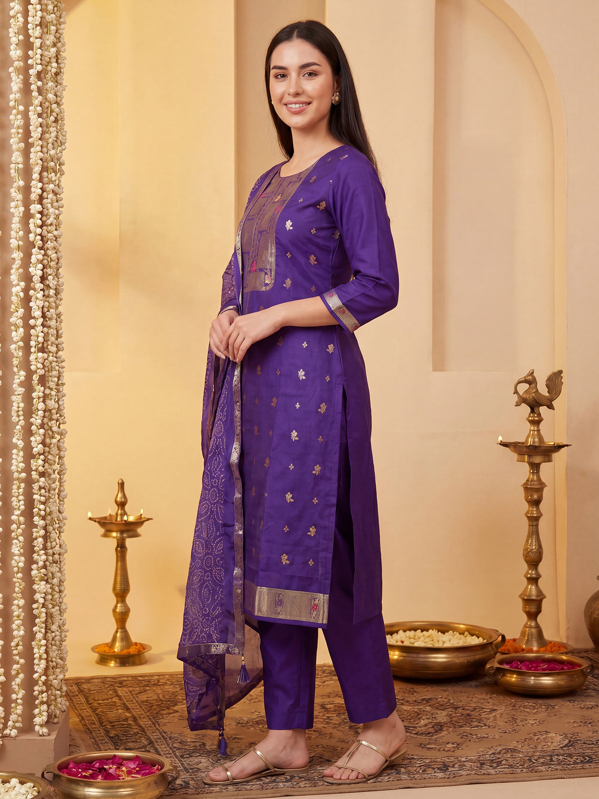 Purple Woven Design Straight Kurta Trousers With Dupatta Set-KH9PR13585