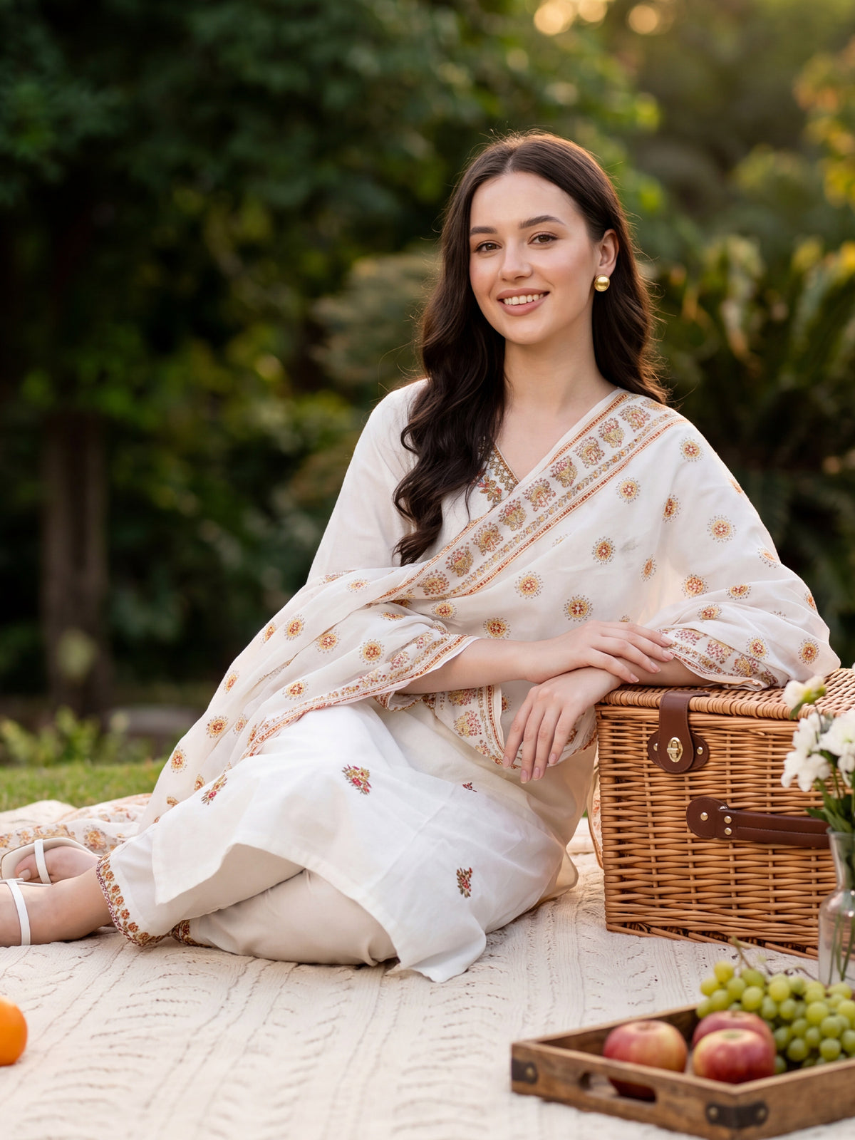 White Embroidered Straight Kurta Trousers With Dupatta Set-KH0WH13419