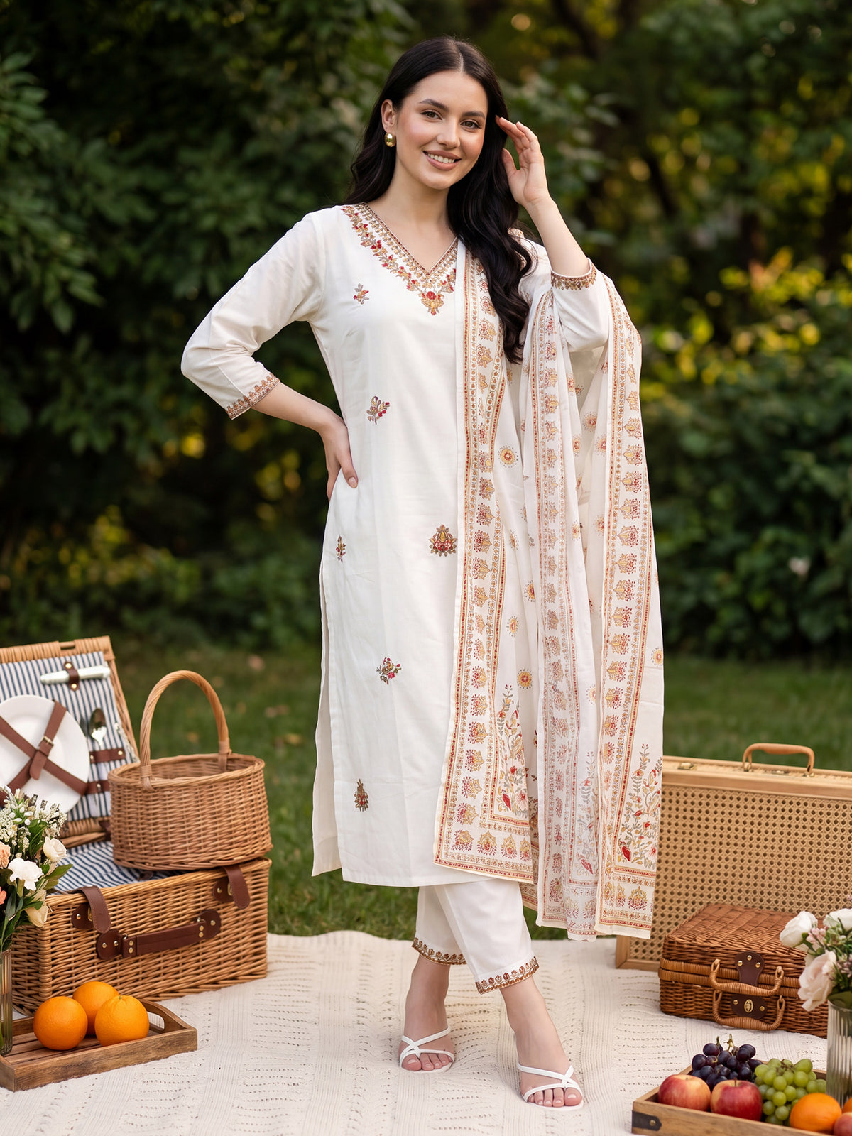 White Embroidered Straight Kurta Trousers With Dupatta Set-KH0WH13419