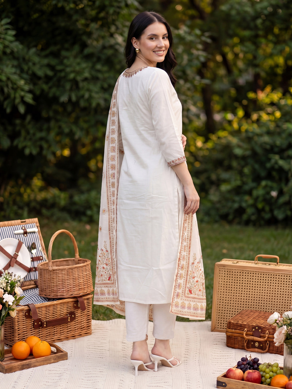 White Embroidered Straight Kurta Trousers With Dupatta Set-KH0WH13419