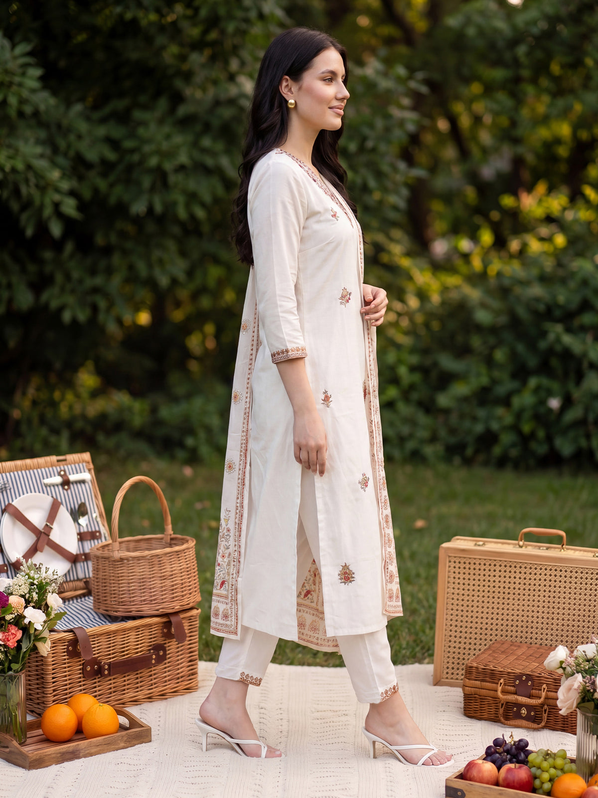 White Embroidered Straight Kurta Trousers With Dupatta Set-KH0WH13419