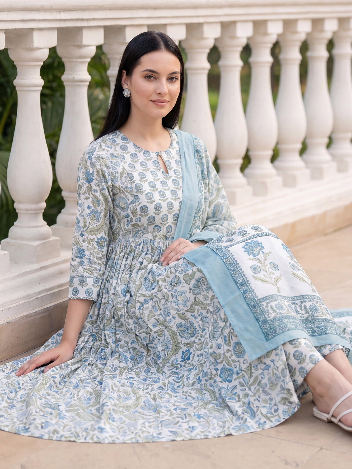 White Printed A-Line Kurta Trousers With Dupatta Set-KH0WH13102
