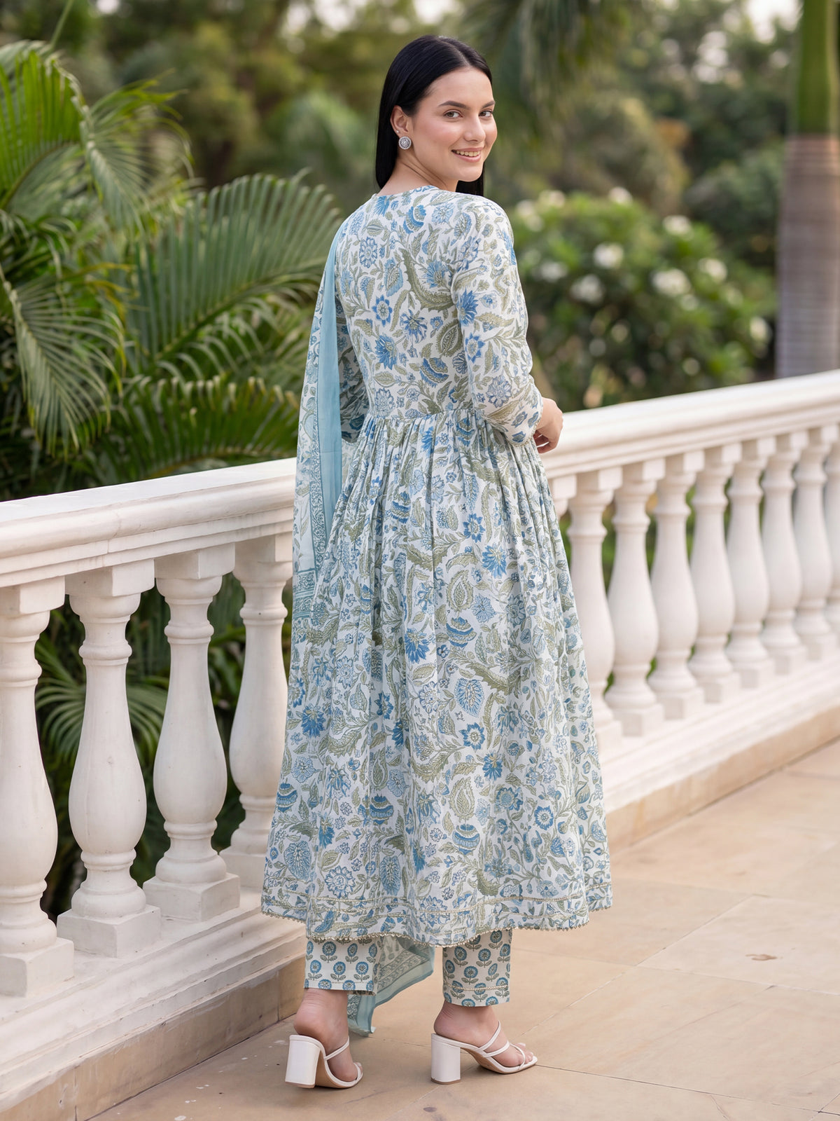 White Printed A-Line Kurta Trousers With Dupatta Set-KH0WH13102