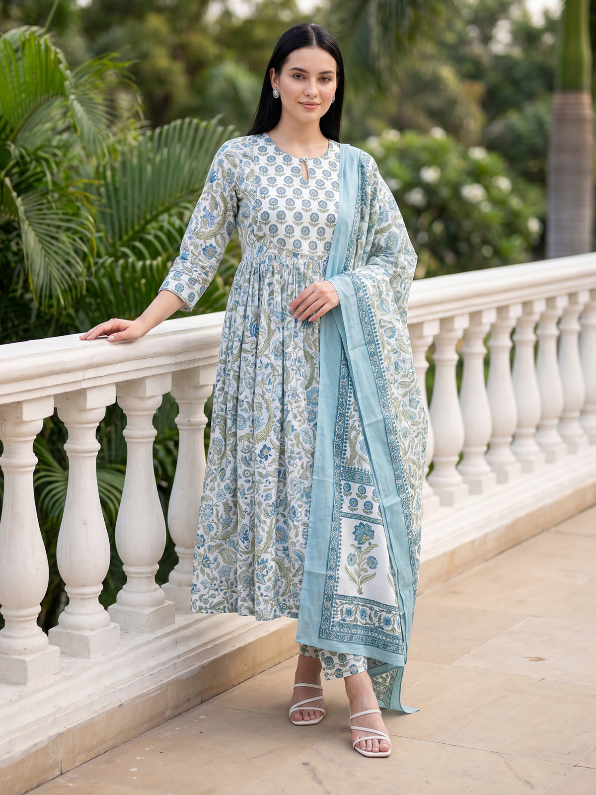 White Printed A-Line Kurta Trousers With Dupatta Set-KH0WH13102