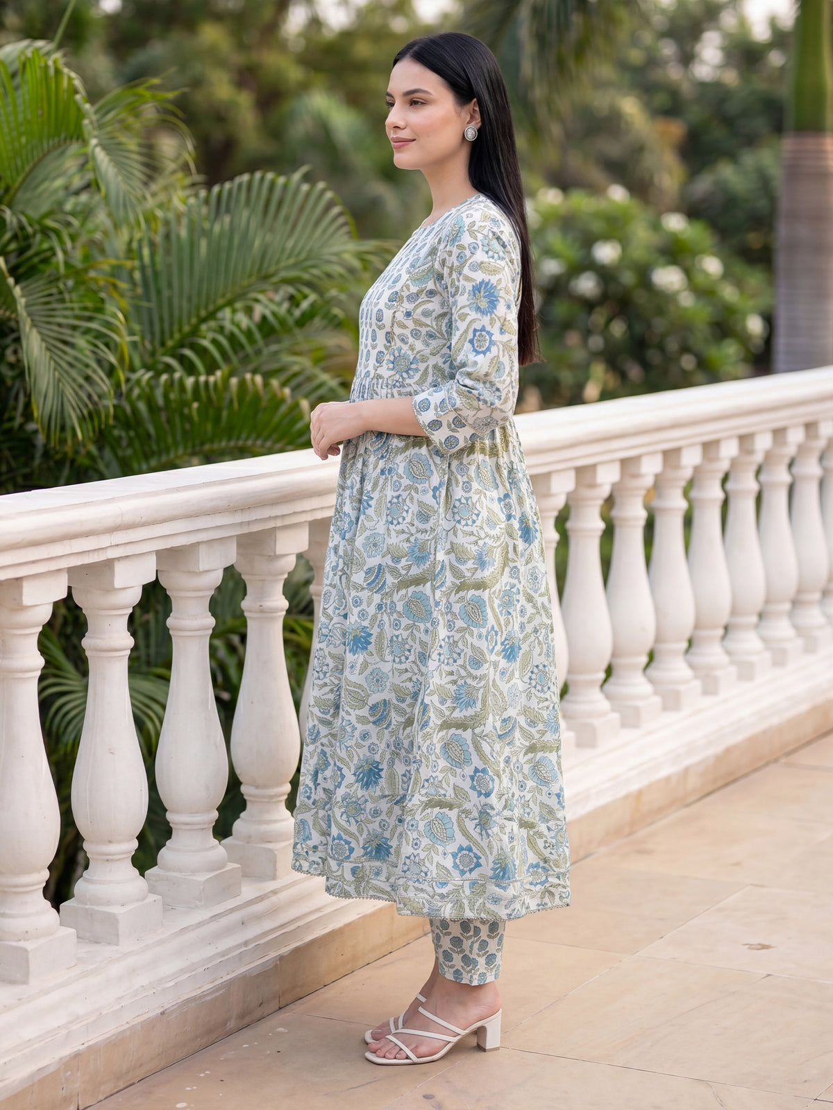 White Printed A-Line Kurta Trousers With Dupatta Set-KH0WH13102