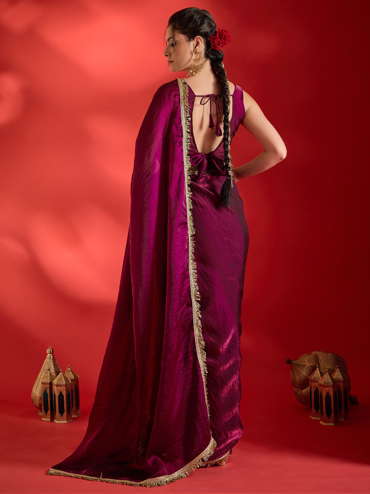 Women's Satin Wine Embellished Ready to Wear With Blouse Piece