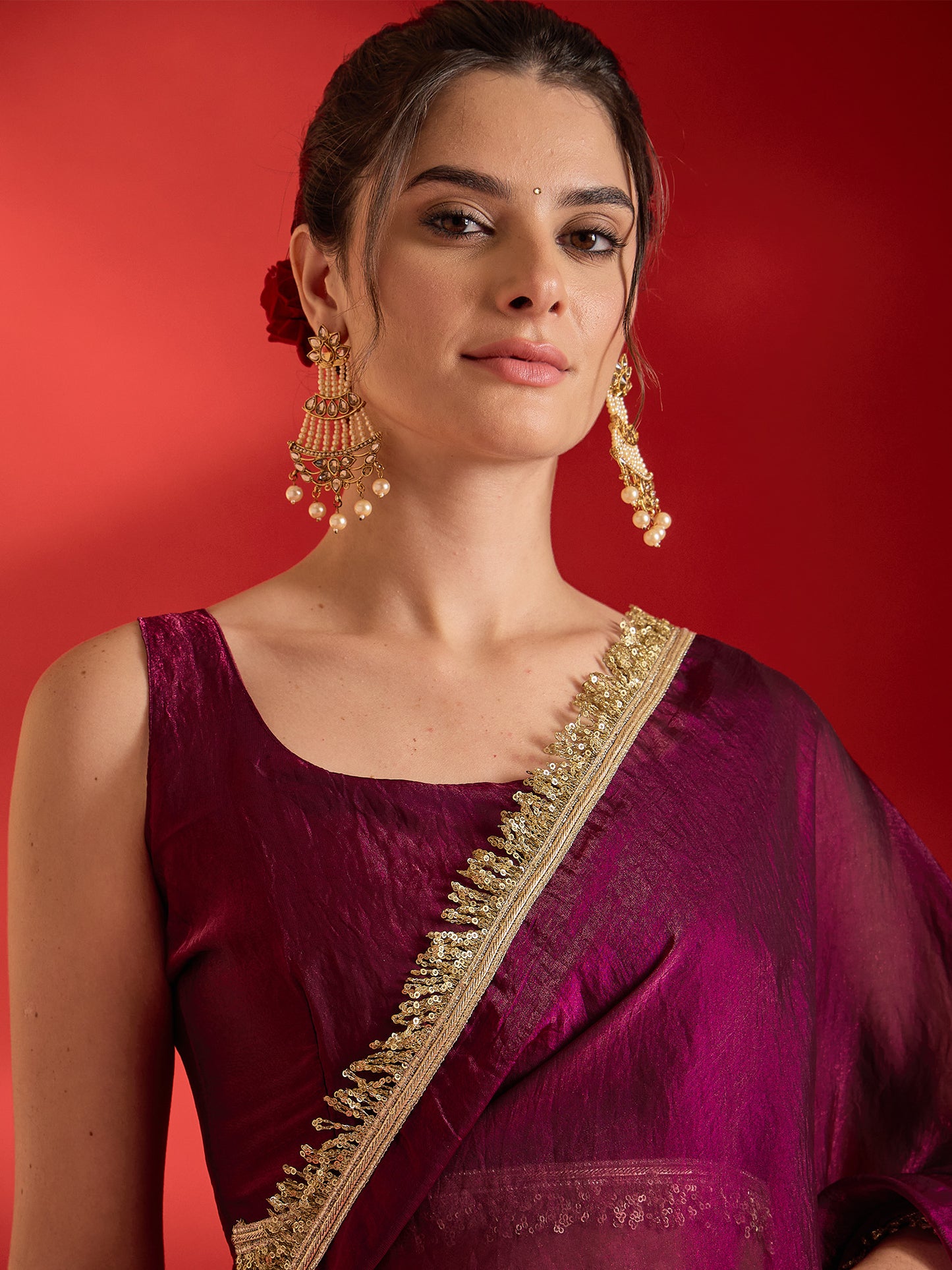 Women's Satin Wine Embellished Ready to Wear With Blouse Piece