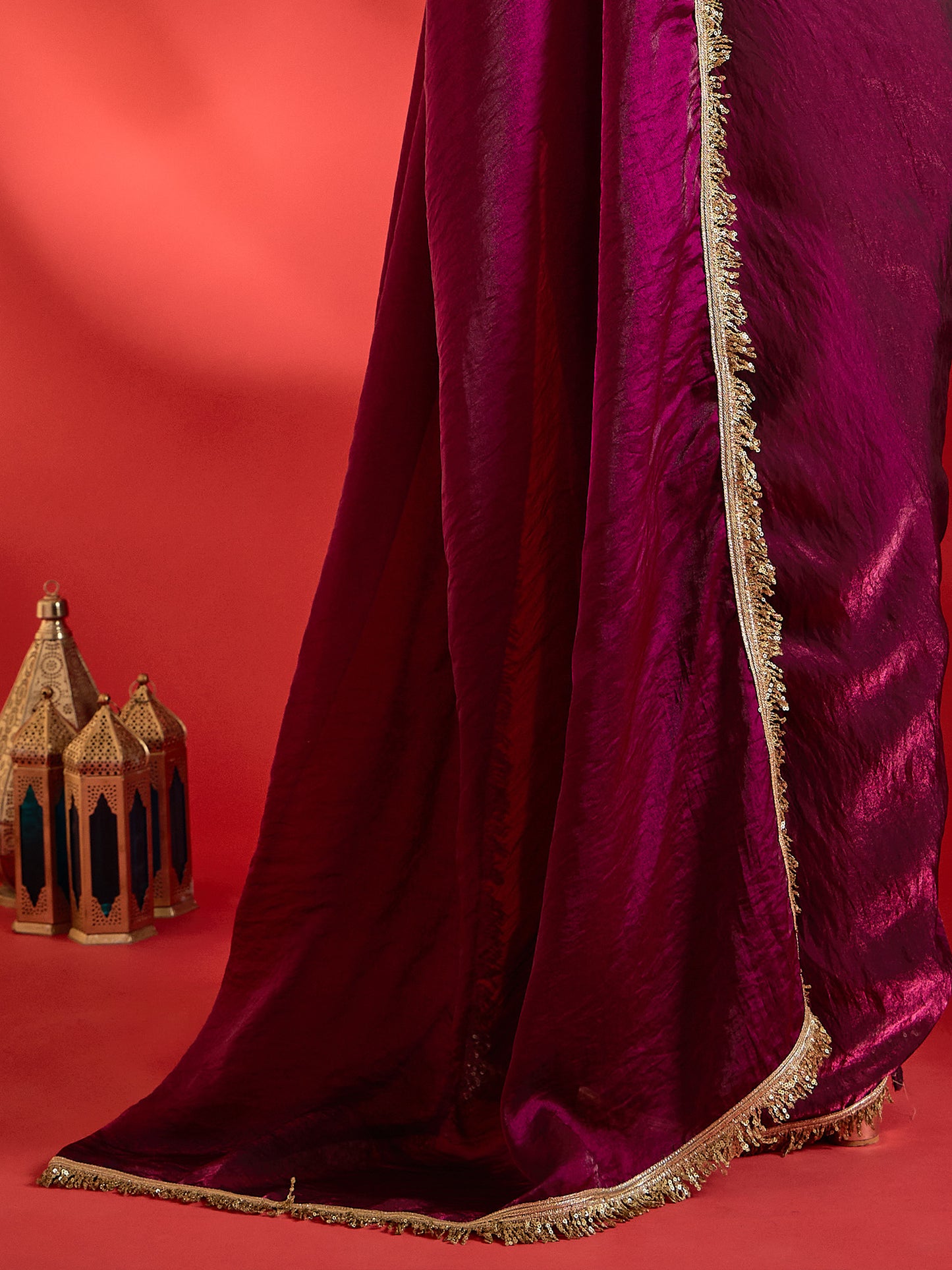Women's Satin Wine Embellished Ready to Wear With Blouse Piece