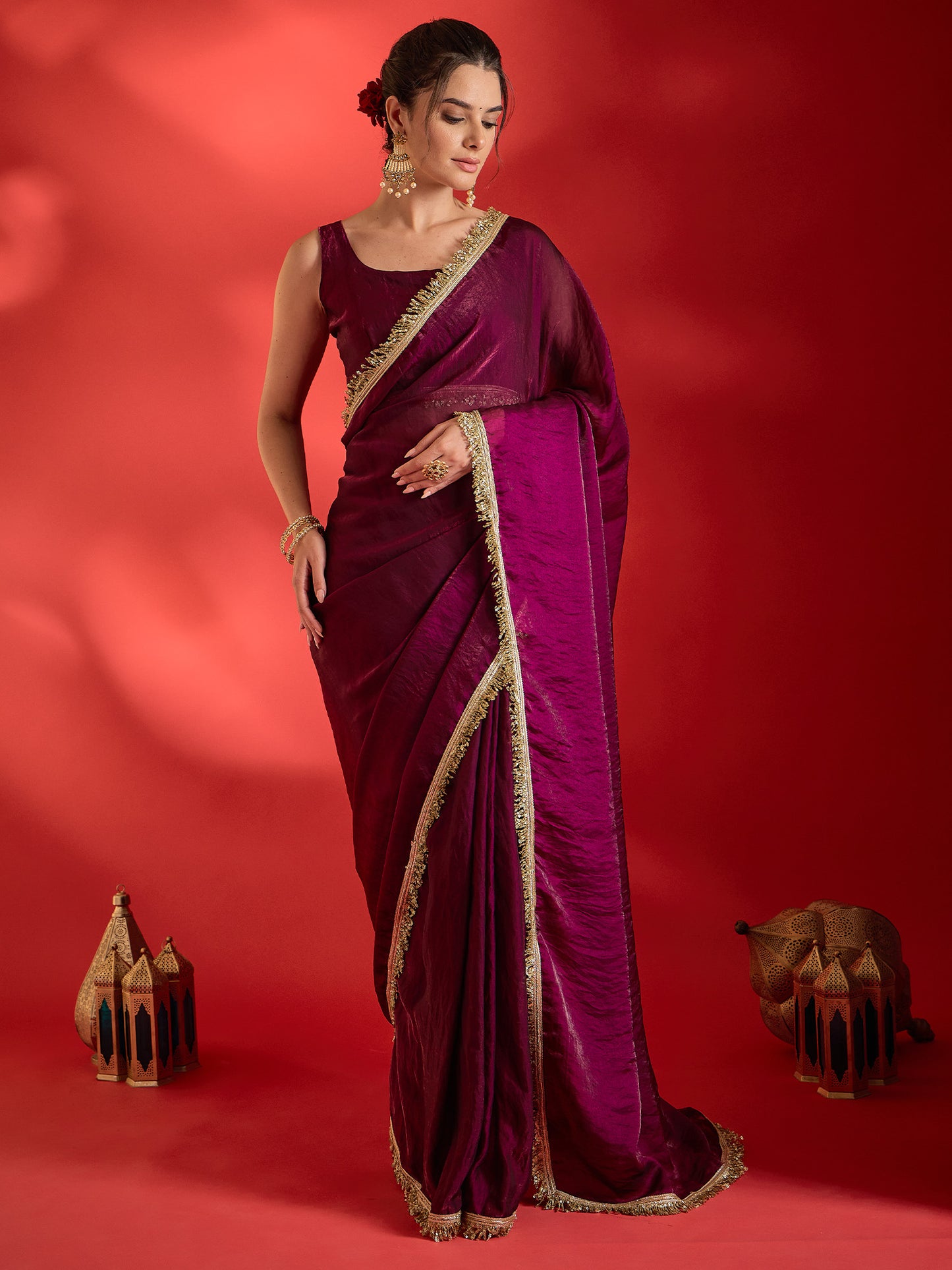 Women's Satin Wine Embellished Ready to Wear With Blouse Piece