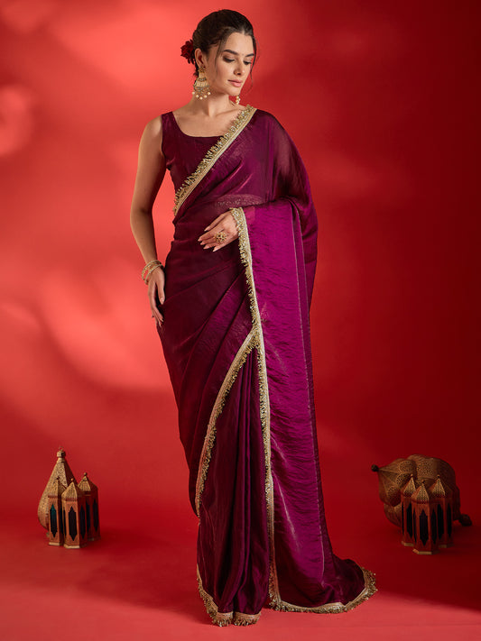 Women's Satin Wine Embellished Ready to Wear With Blouse Piece