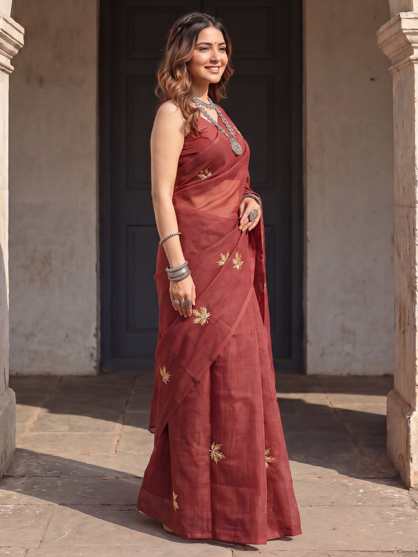 Women's Kota Doria Cotton Maroon Embroidered Designer Saree With Blouse Piece