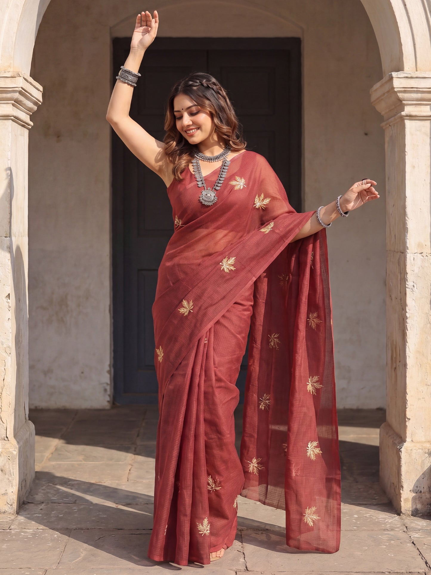 Women's Kota Doria Cotton Maroon Embroidered Designer Saree With Blouse Piece
