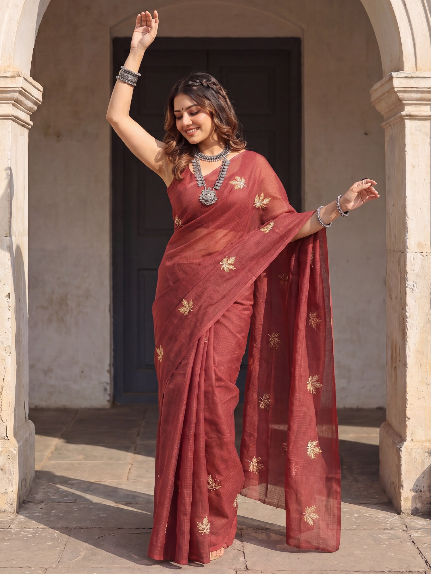 Women's Kota Doria Cotton Maroon Embroidered Designer Saree With Blouse Piece