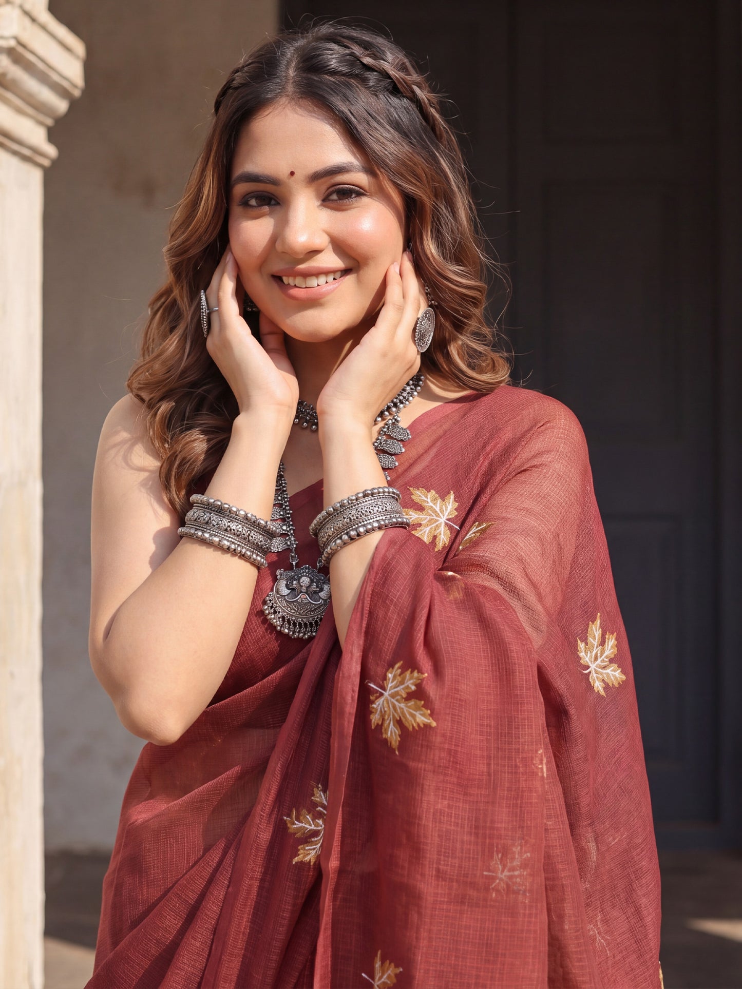 Women's Kota Doria Cotton Maroon Embroidered Designer Saree With Blouse Piece