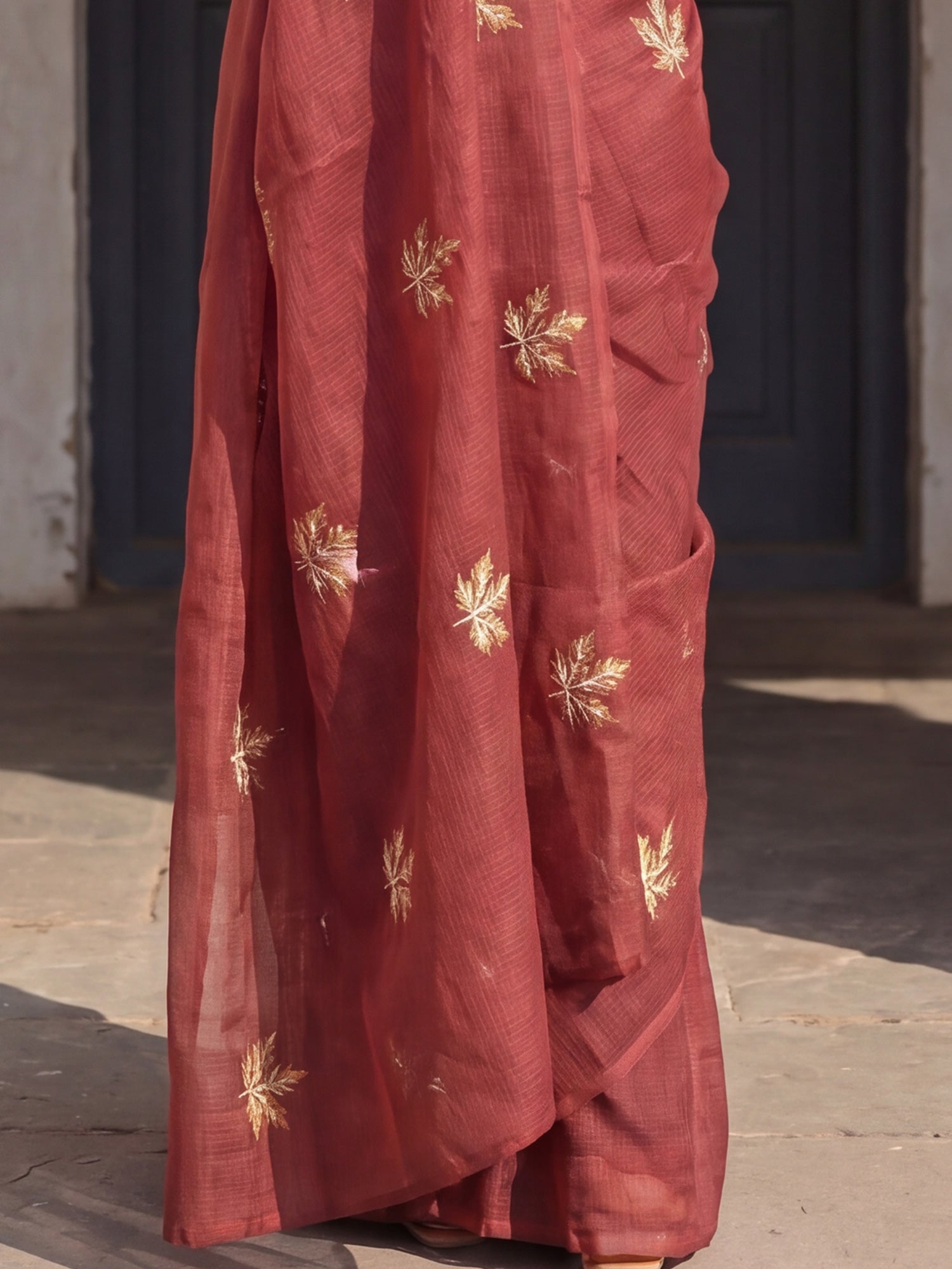 Women's Kota Doria Cotton Maroon Embroidered Designer Saree With Blouse Piece