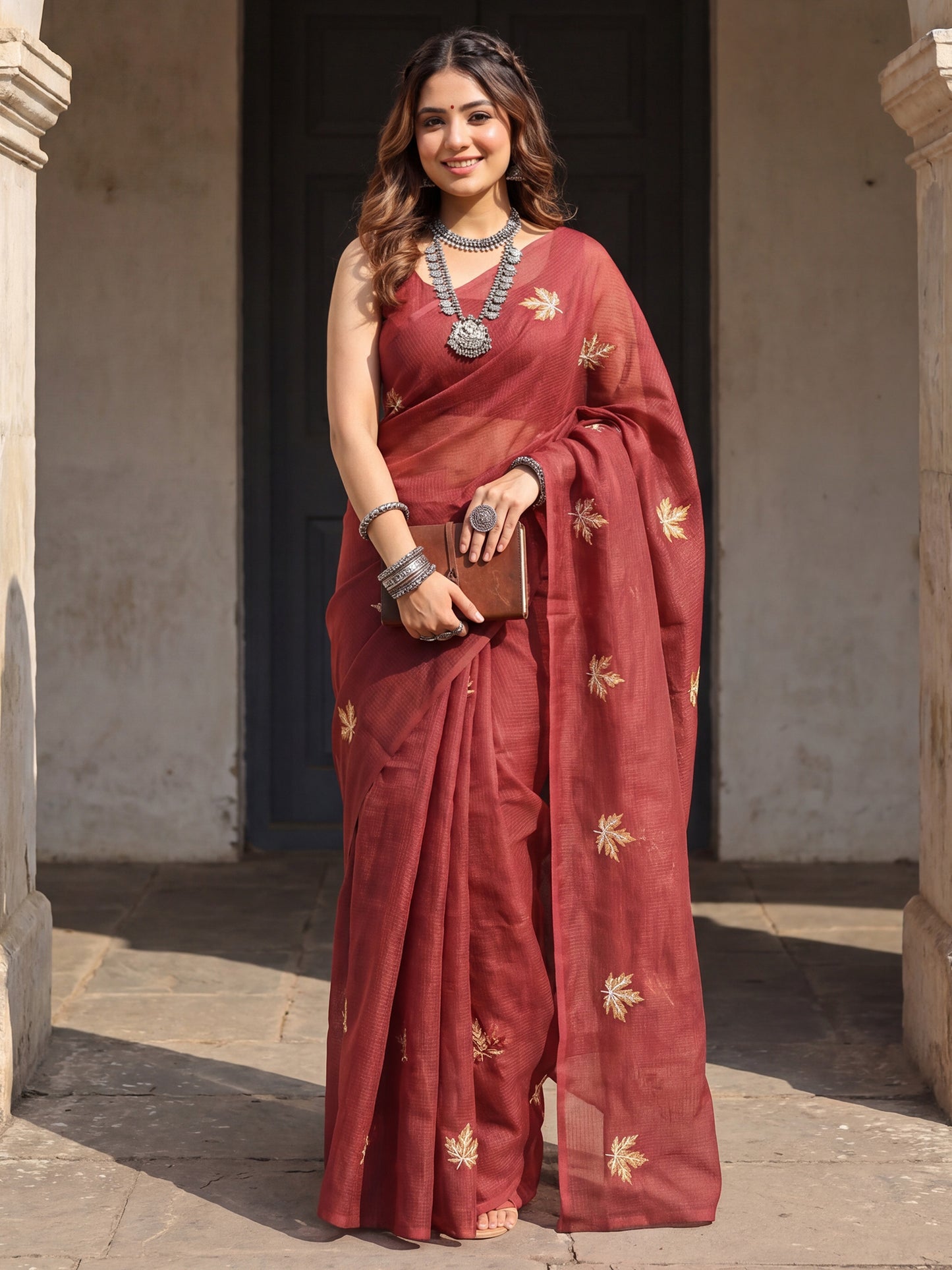 Women's Kota Doria Cotton Maroon Embroidered Designer Saree With Blouse Piece