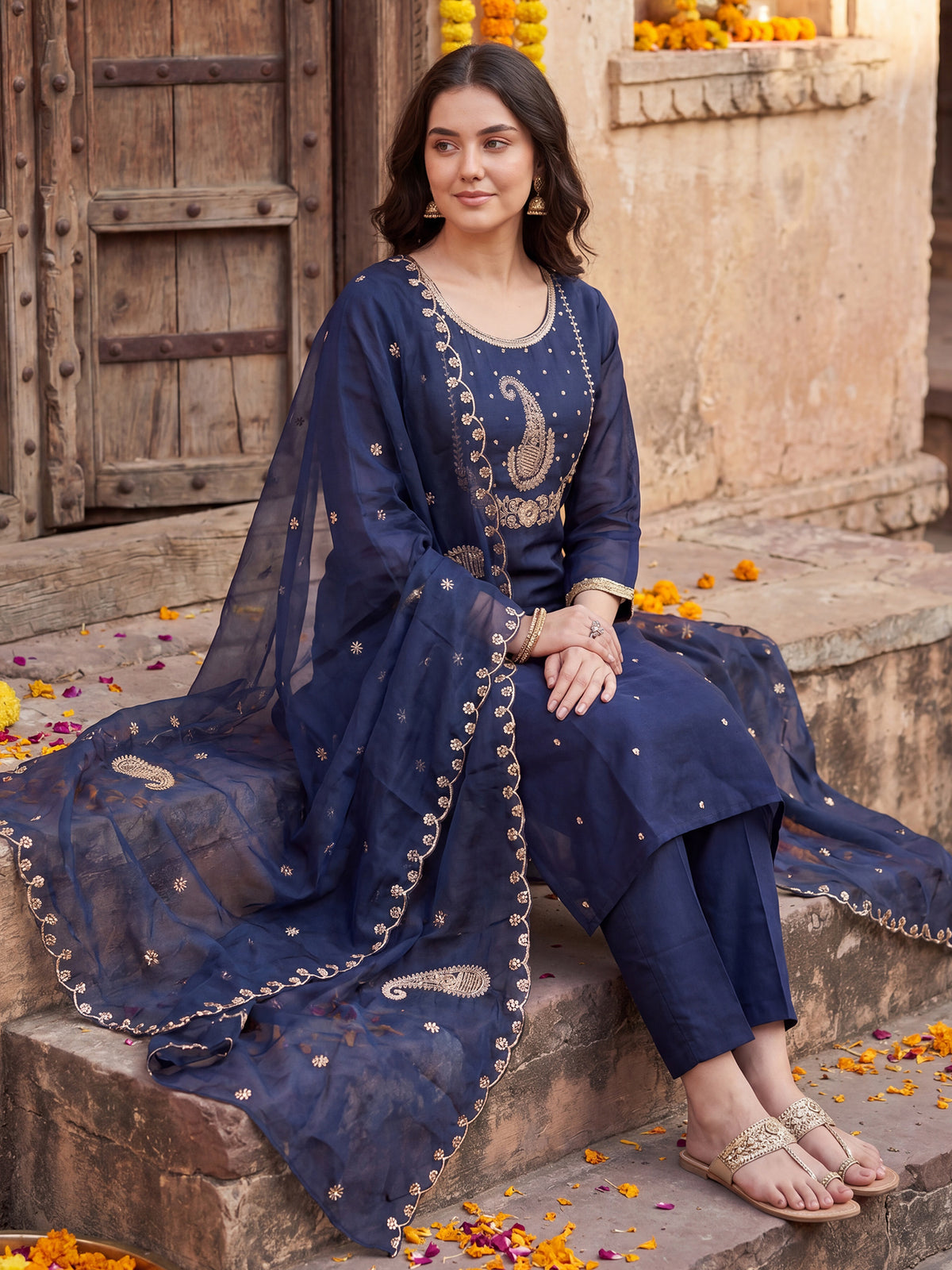 Blue Embroidered Straight Kurta Trousers With Dupatta Set-BB9KH387