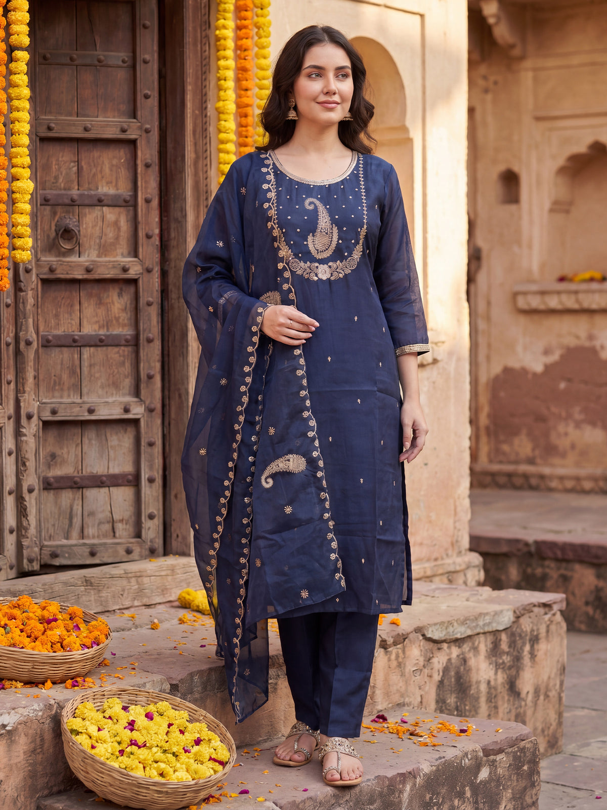 Blue Embroidered Straight Kurta Trousers With Dupatta Set-BB9KH387