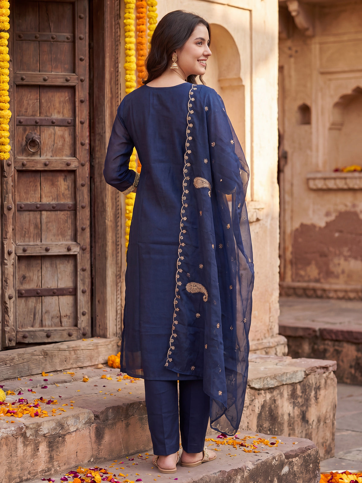 Blue Embroidered Straight Kurta Trousers With Dupatta Set-BB9KH387