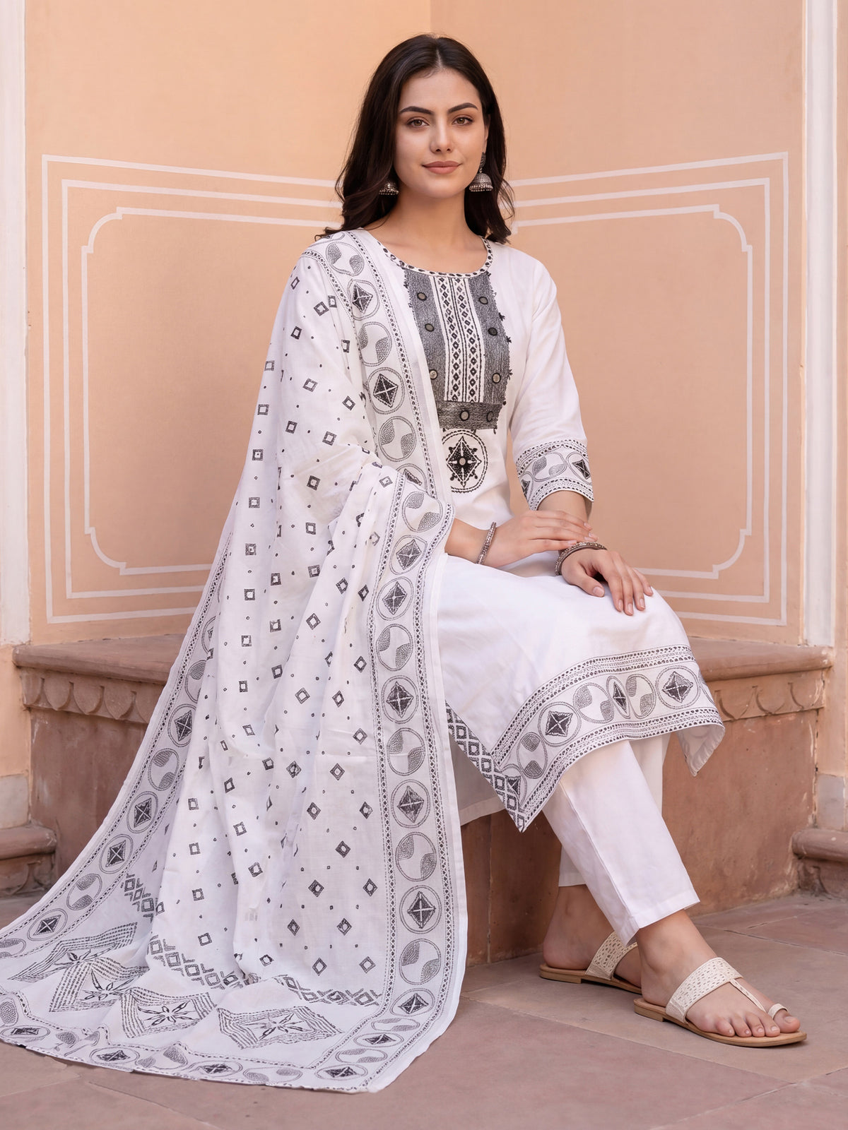 White Embroidered Straight Kurta Trousers With Dupatta Set-ST0KH563