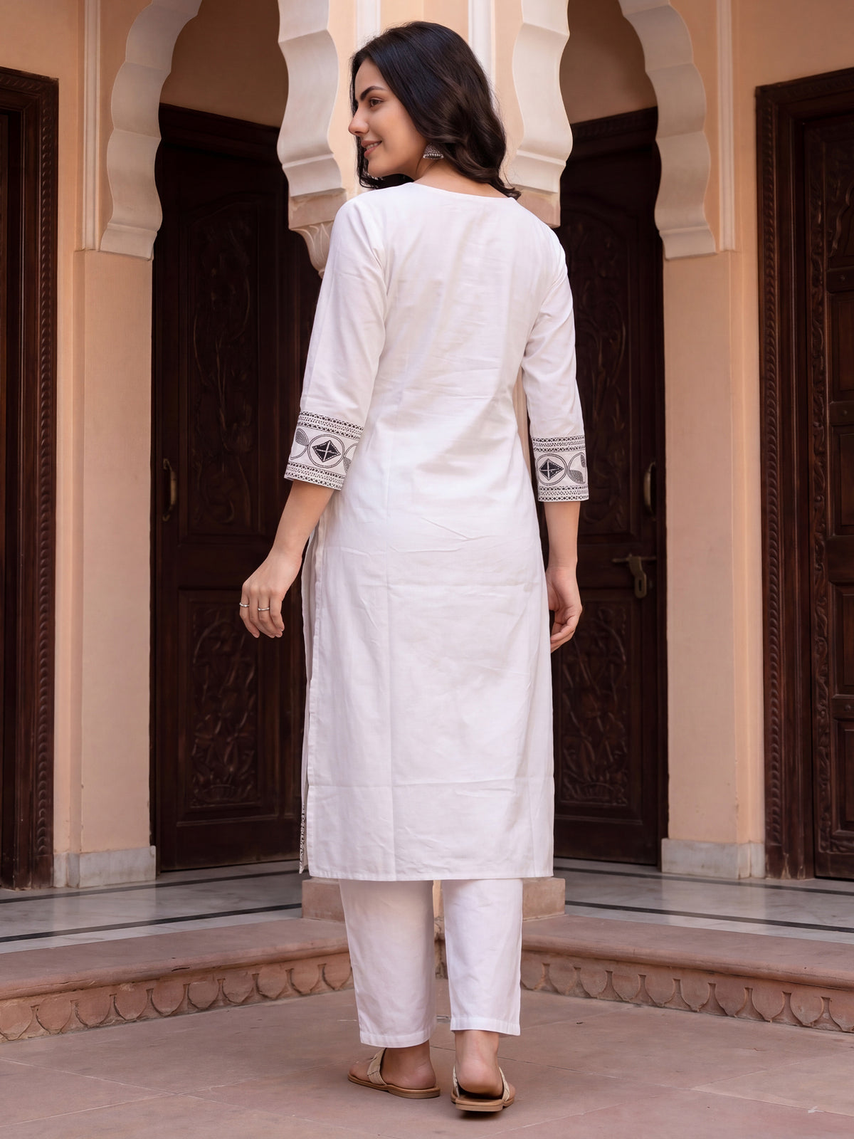White Embroidered Straight Kurta Trousers With Dupatta Set-ST0KH563