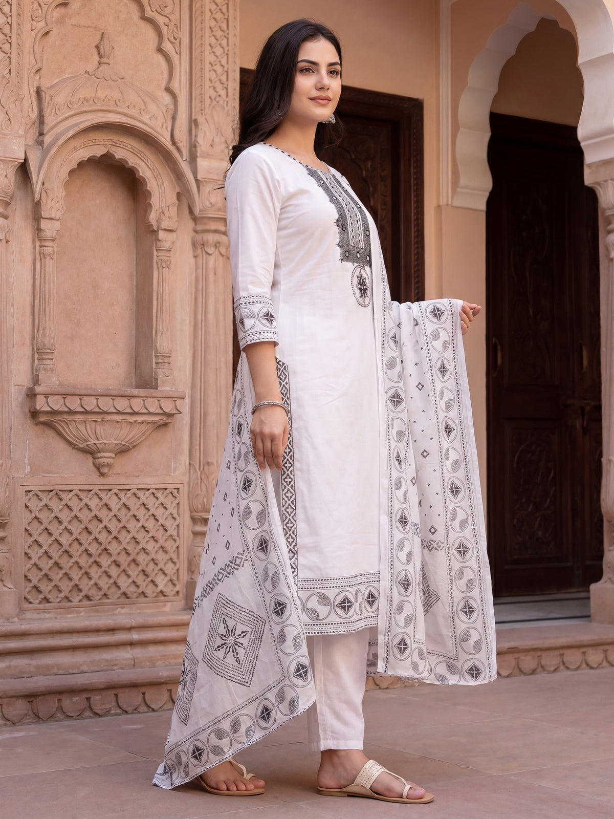 White Embroidered Straight Kurta Trousers With Dupatta Set-ST0KH563