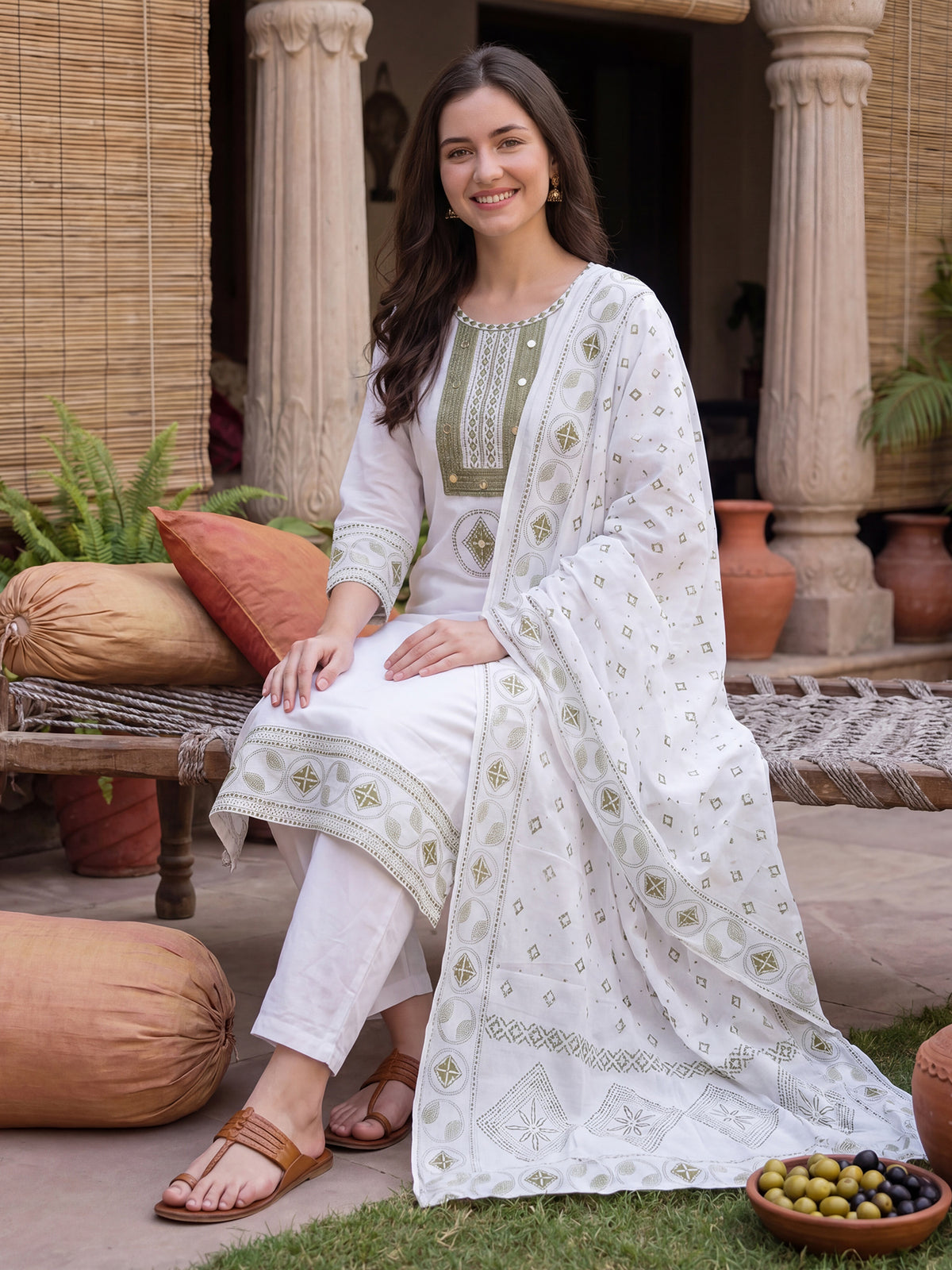 White Embroidered Straight Kurta Trousers With Dupatta Set-ST0KH562