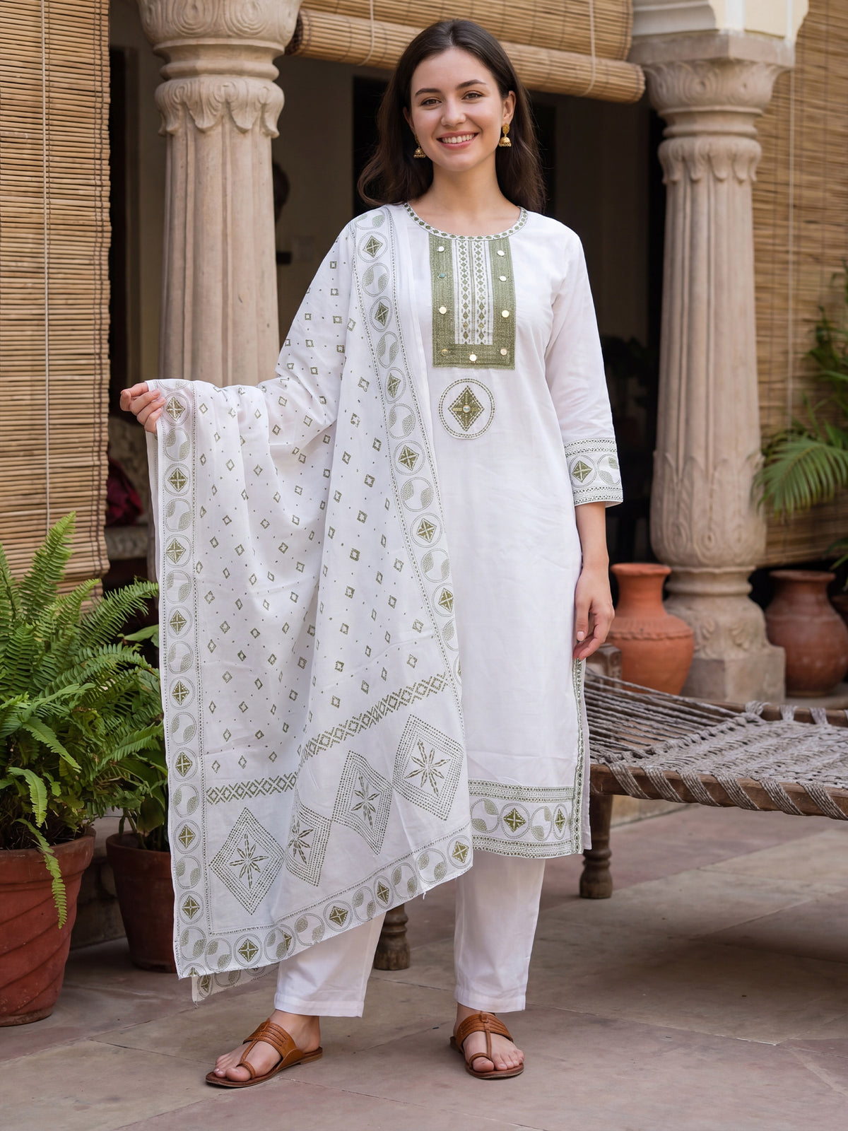 White Embroidered Straight Kurta Trousers With Dupatta Set-ST0KH562