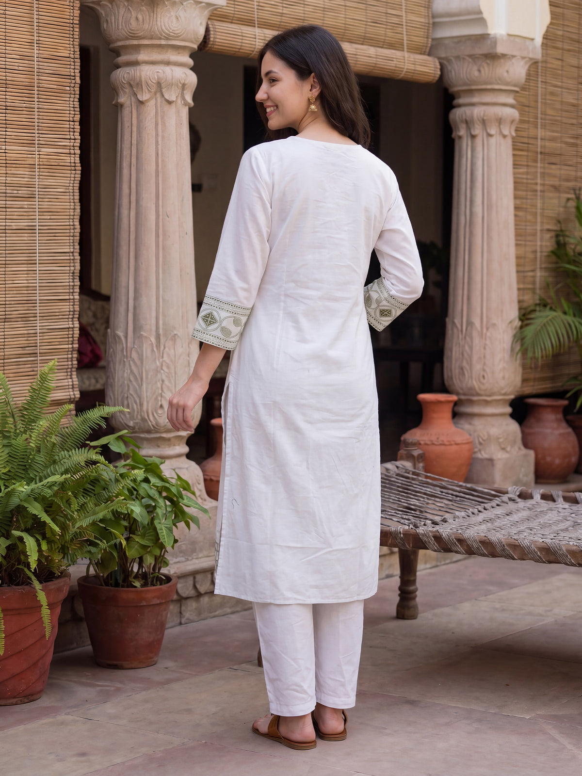 White Embroidered Straight Kurta Trousers With Dupatta Set-ST0KH562