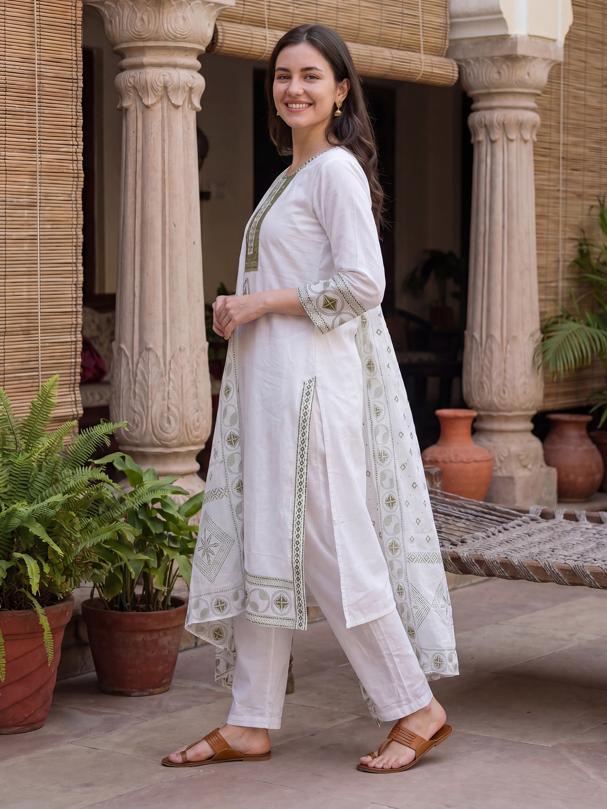 White Embroidered Straight Kurta Trousers With Dupatta Set-ST0KH562