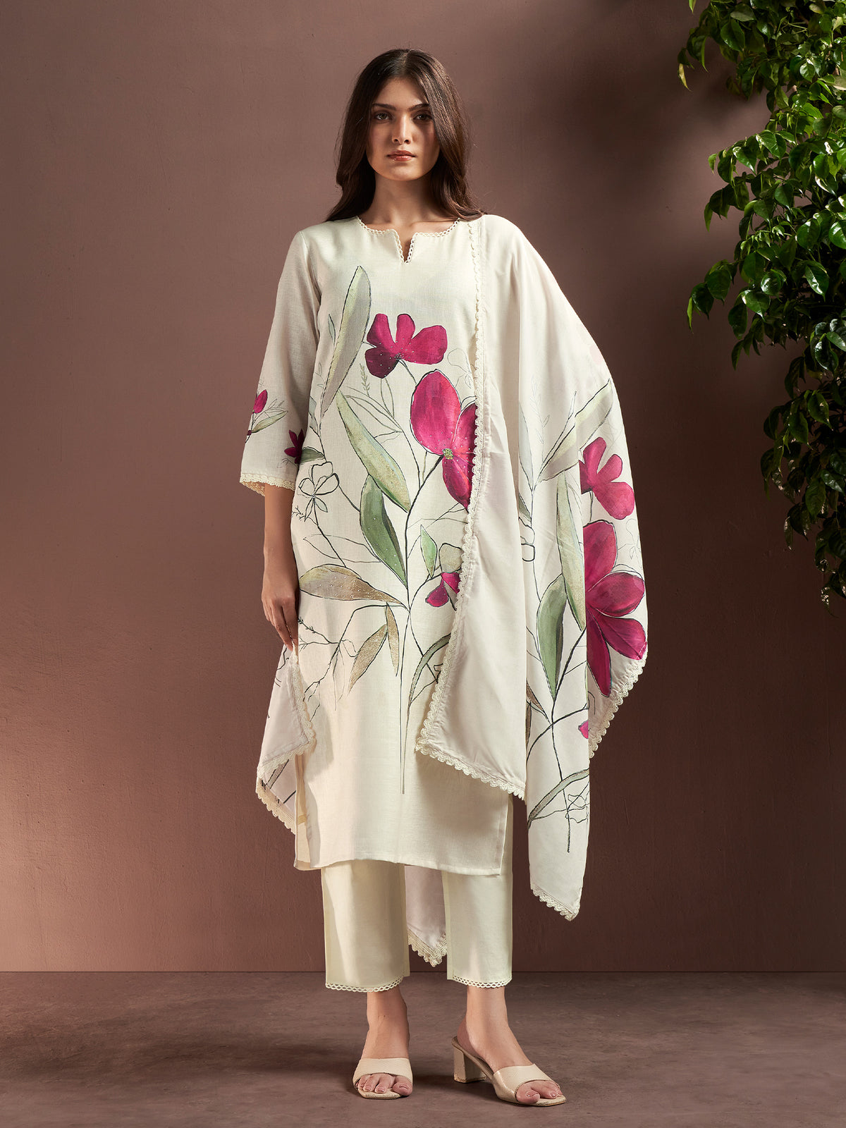 Off White Printed Straight Kurta Trousers With Dupatta Set-KH9OW13619