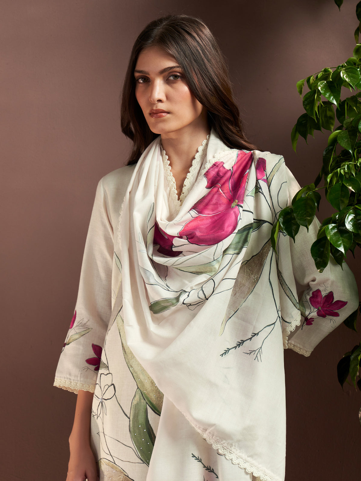 Off White Printed Straight Kurta Trousers With Dupatta Set-KH9OW13619