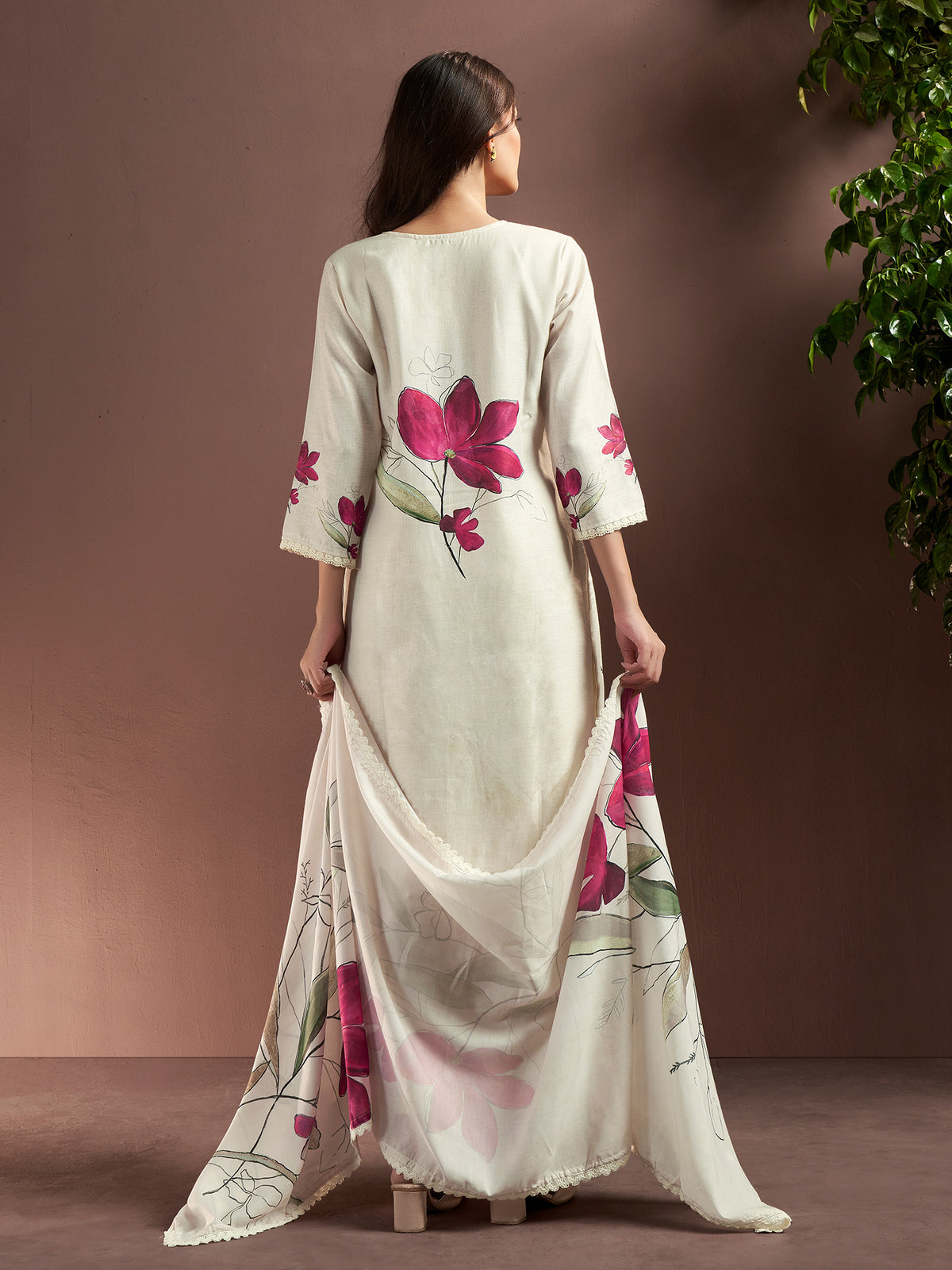 Off White Printed Straight Kurta Trousers With Dupatta Set-KH9OW13619