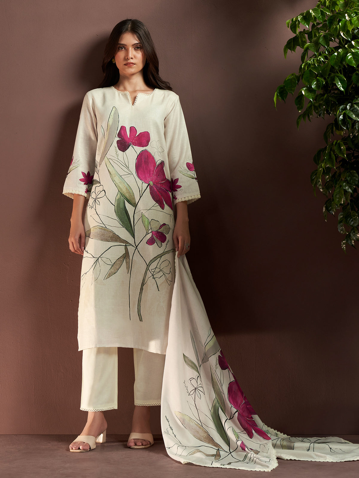 Off White Printed Straight Kurta Trousers With Dupatta Set-KH9OW13619