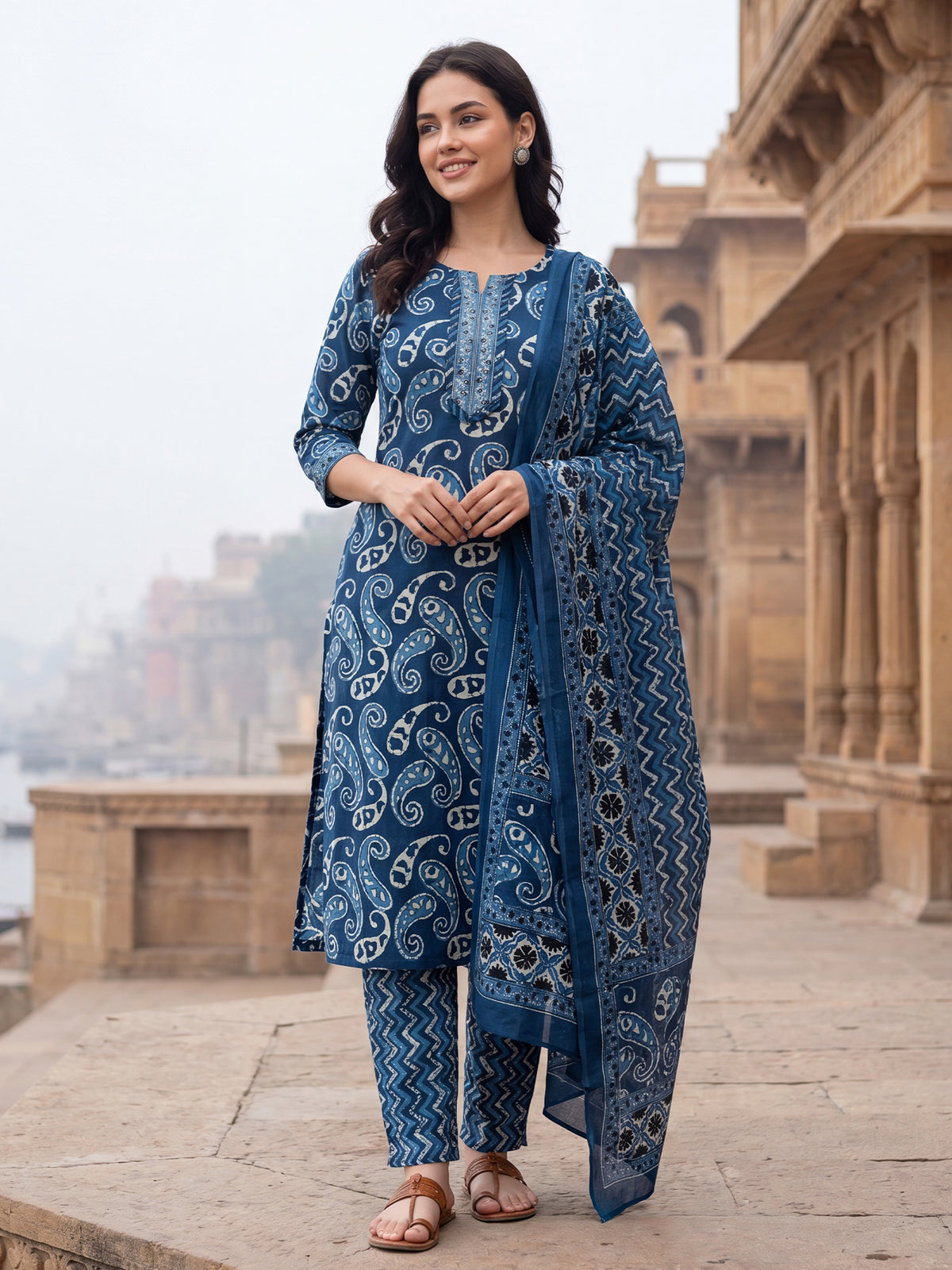 Blue Printed Straight Kurta Trousers With Dupatta Set-KH0BL13648