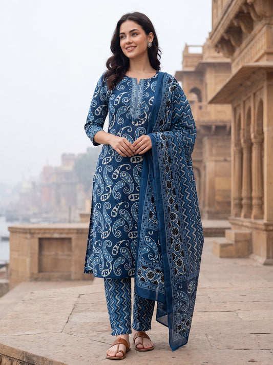 Blue Printed Straight Kurta Trousers With Dupatta Set-KH0BL13648