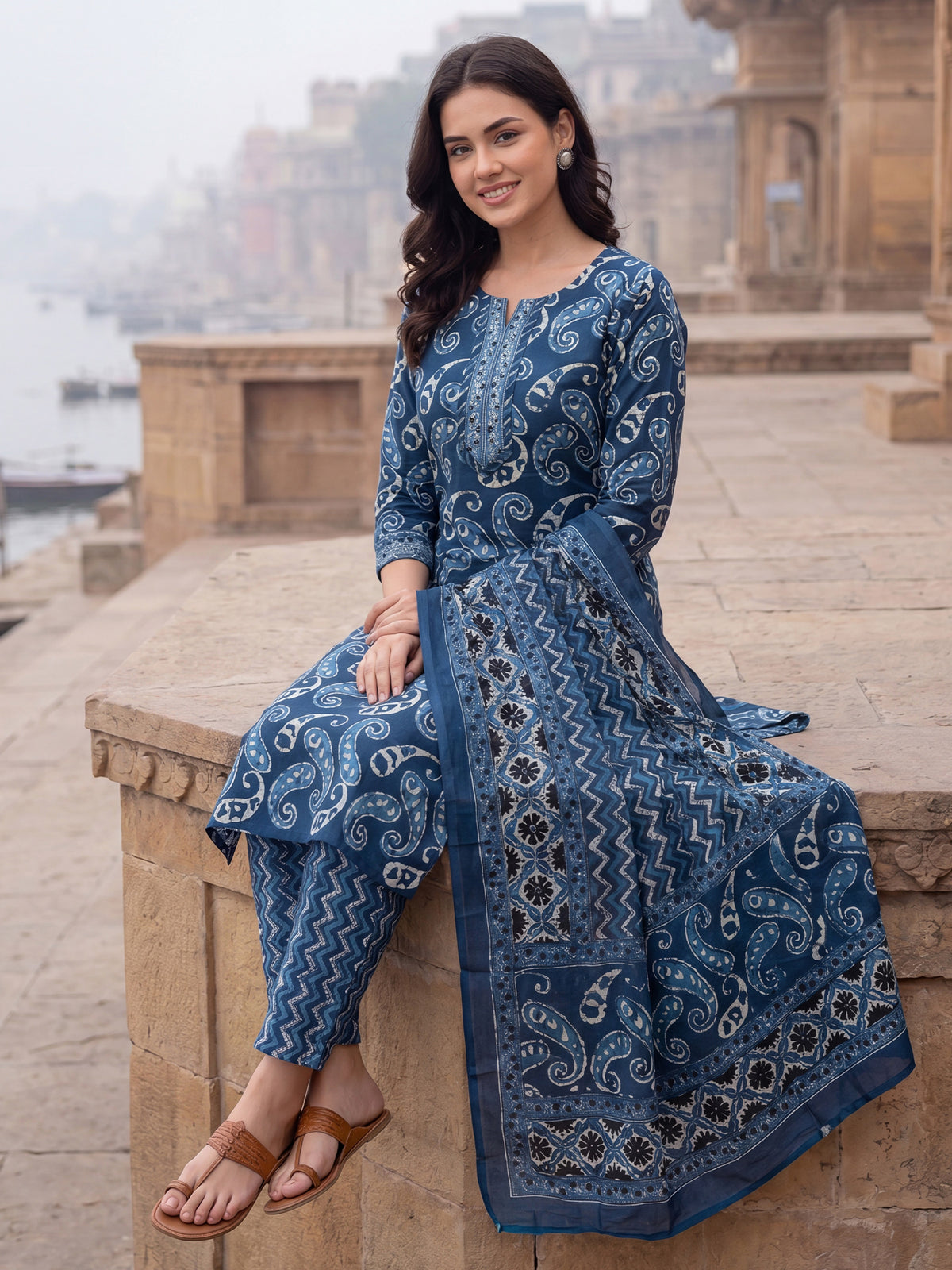 Blue Printed Straight Kurta Trousers With Dupatta Set-KH0BL13648