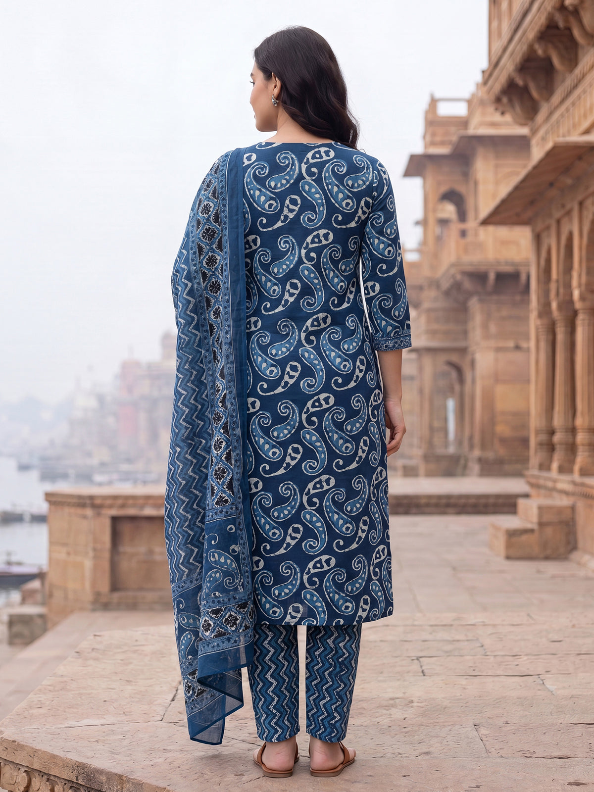 Blue Printed Straight Kurta Trousers With Dupatta Set-KH0BL13648