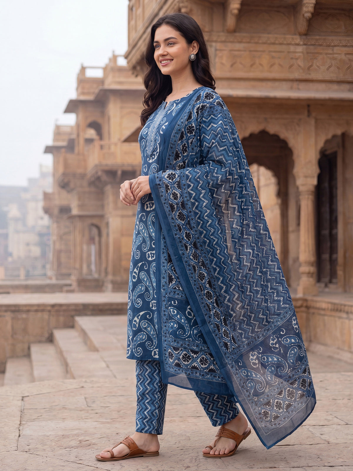Blue Printed Straight Kurta Trousers With Dupatta Set-KH0BL13648