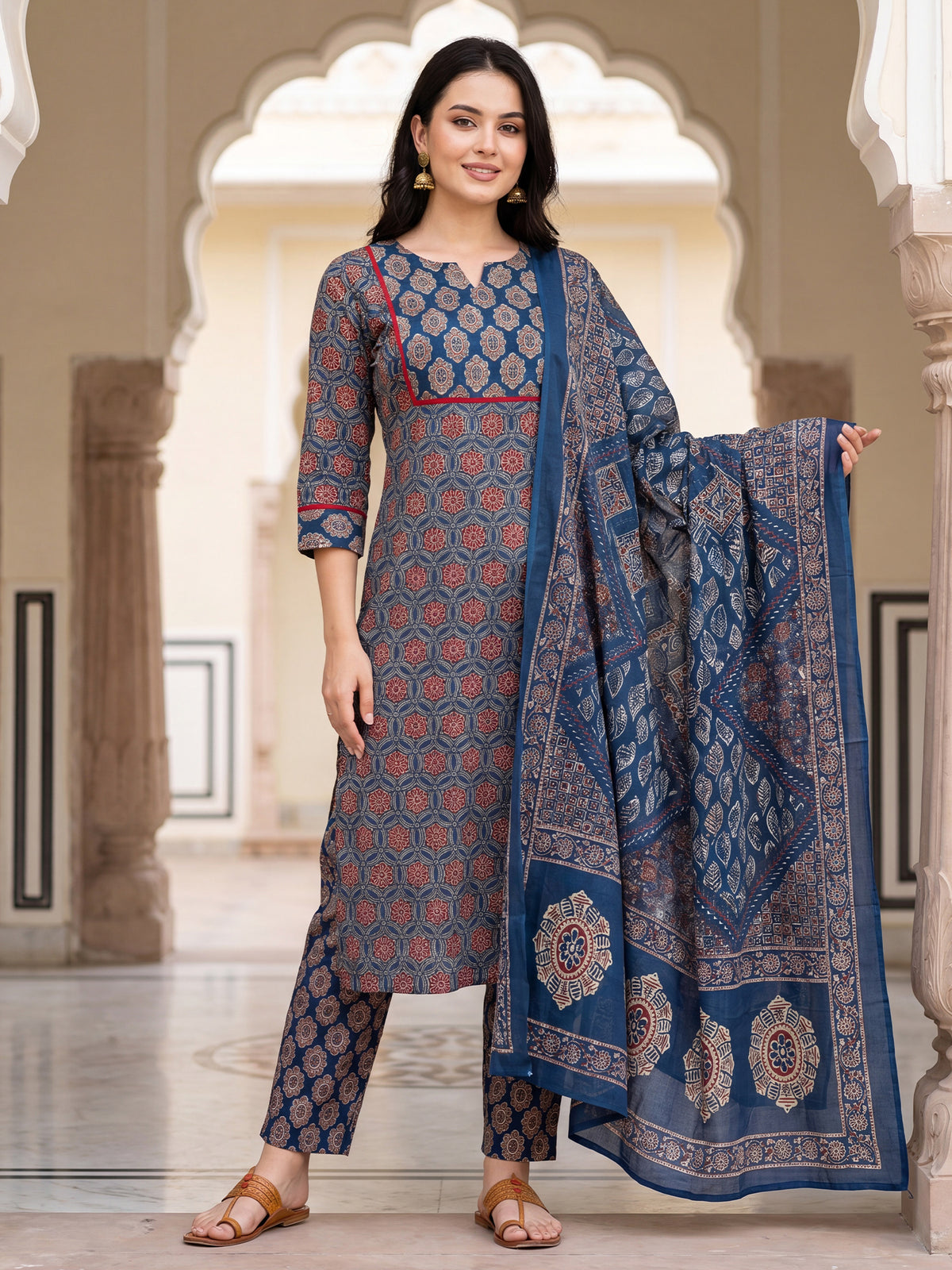 Blue Printed Straight Kurta Trousers With Dupatta Set-KH0BL13634