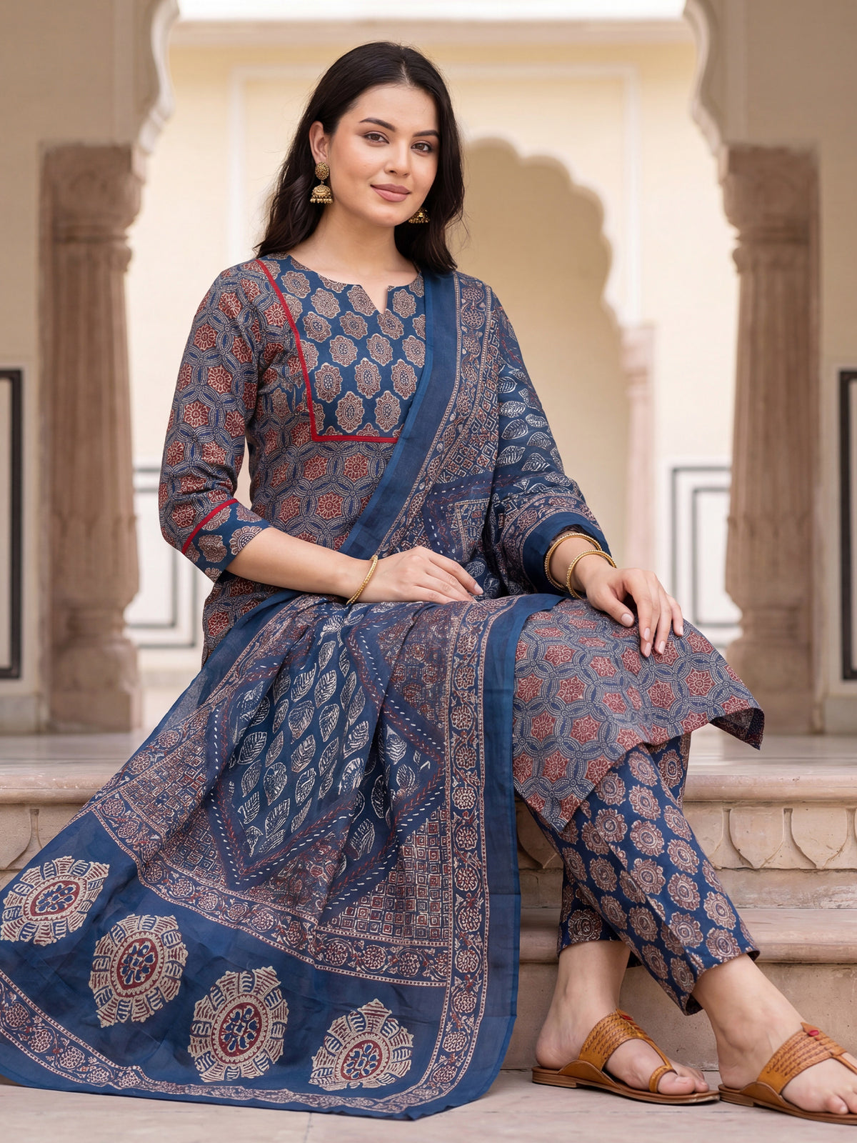 Blue Printed Straight Kurta Trousers With Dupatta Set-KH0BL13634