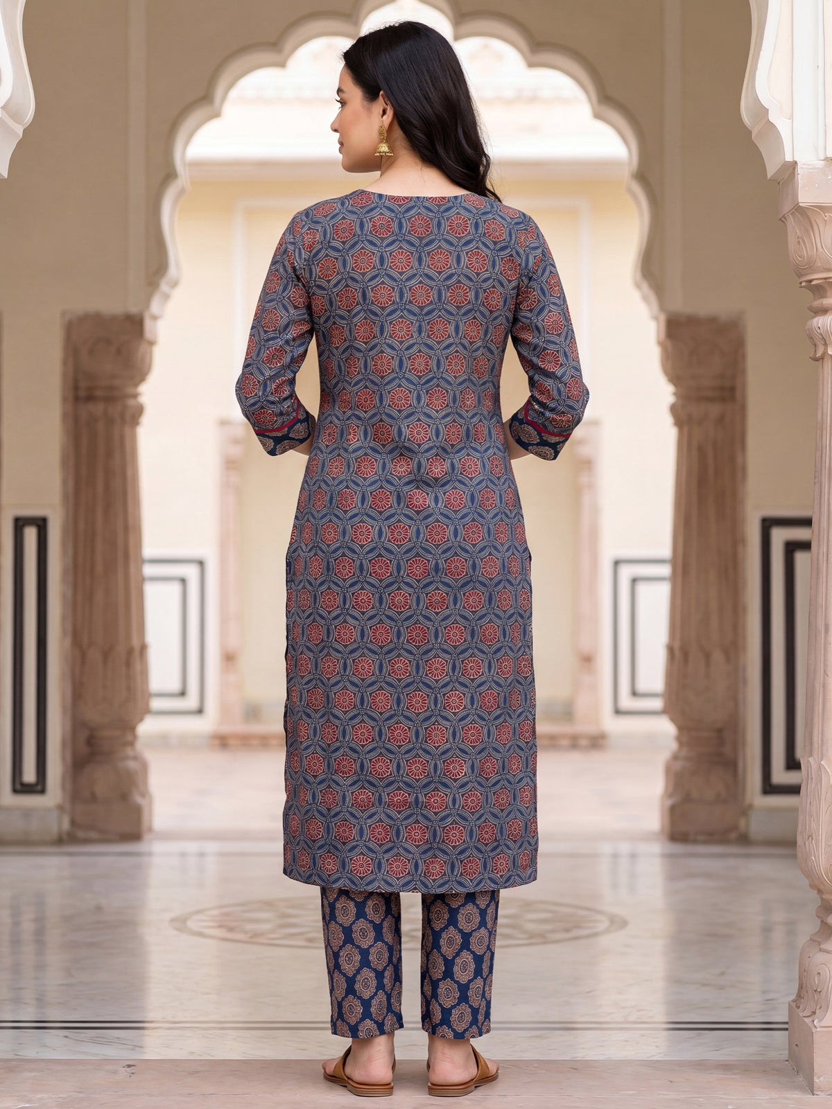 Blue Printed Straight Kurta Trousers With Dupatta Set-KH0BL13634