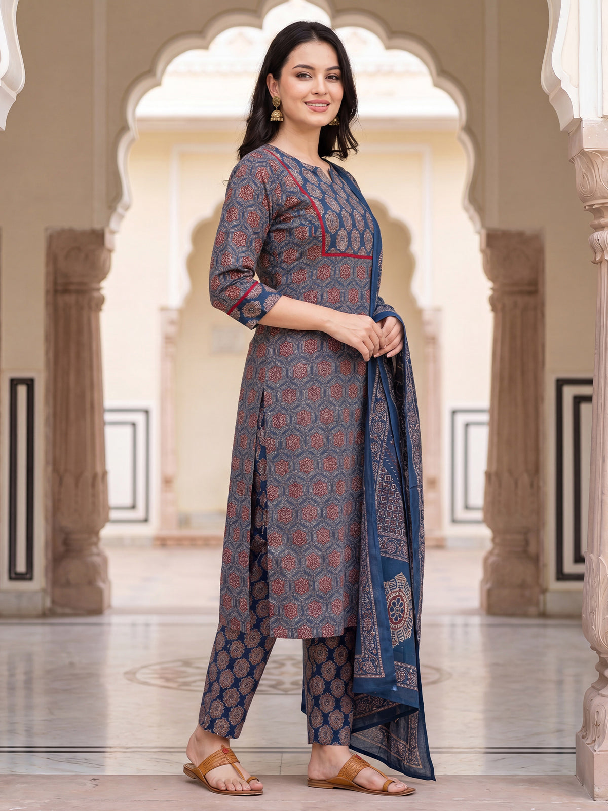 Blue Printed Straight Kurta Trousers With Dupatta Set-KH0BL13634