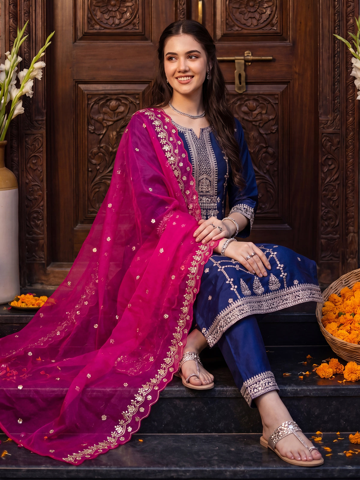 Purple Embroidered Straight Kurta Trousers With Dupatta Set-KH9BL13610