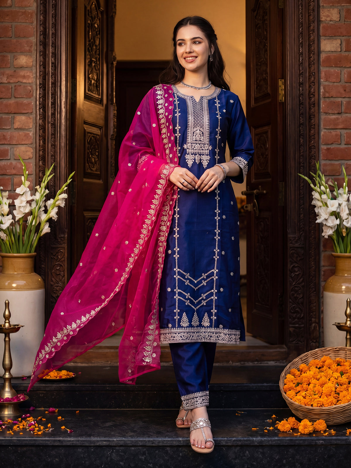 Purple Embroidered Straight Kurta Trousers With Dupatta Set-KH9BL13610